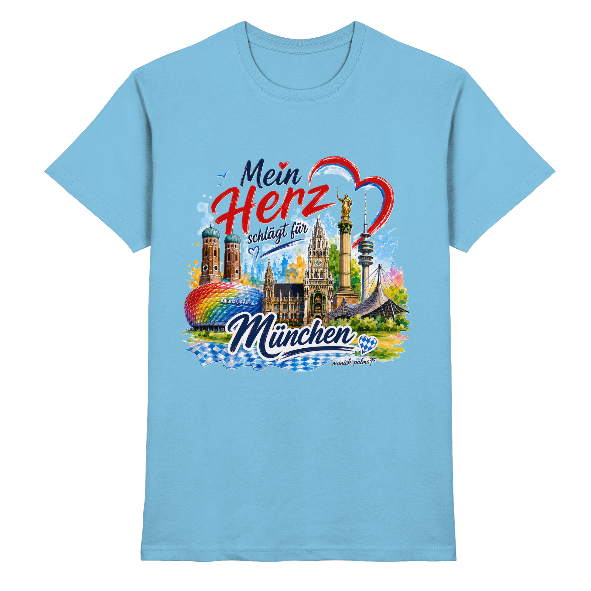 Unisex-Shirt in Himmelblau mit buntem München Design und Wahrzeichen, hochwertiges Munich Palms Premium Shirt.