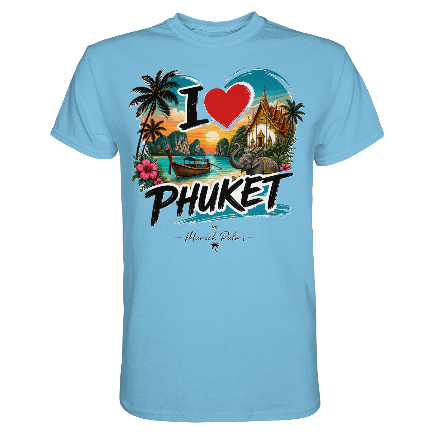Herren- oder Damenshirt in Himmelblau mit "I love Phuket" Aufdruck, Unisex Premium T-Shirt von Online Kaufhaus München