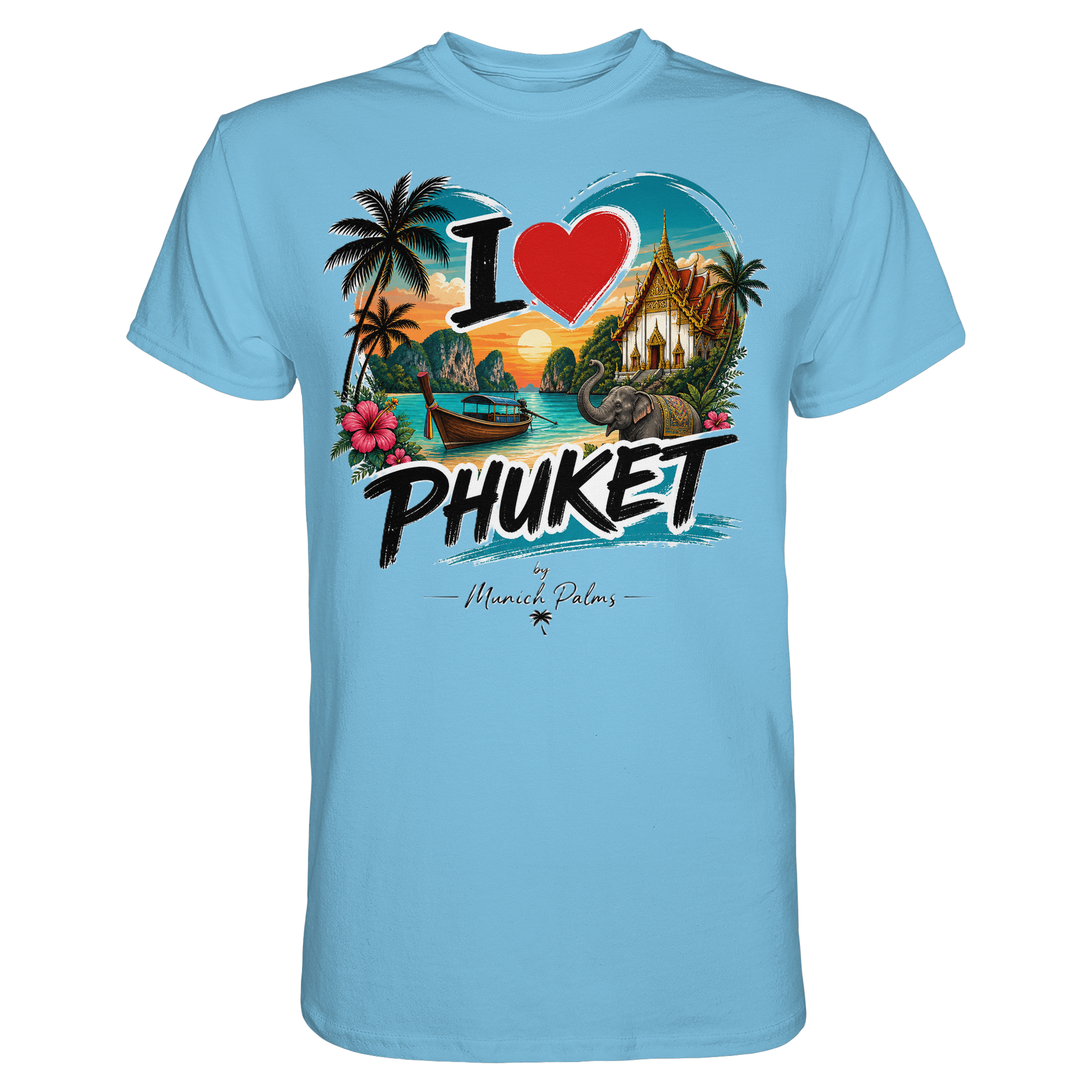 Herren- oder Damenshirt in Himmelblau mit "I love Phuket" Aufdruck, Unisex Premium T-Shirt von Online Kaufhaus München