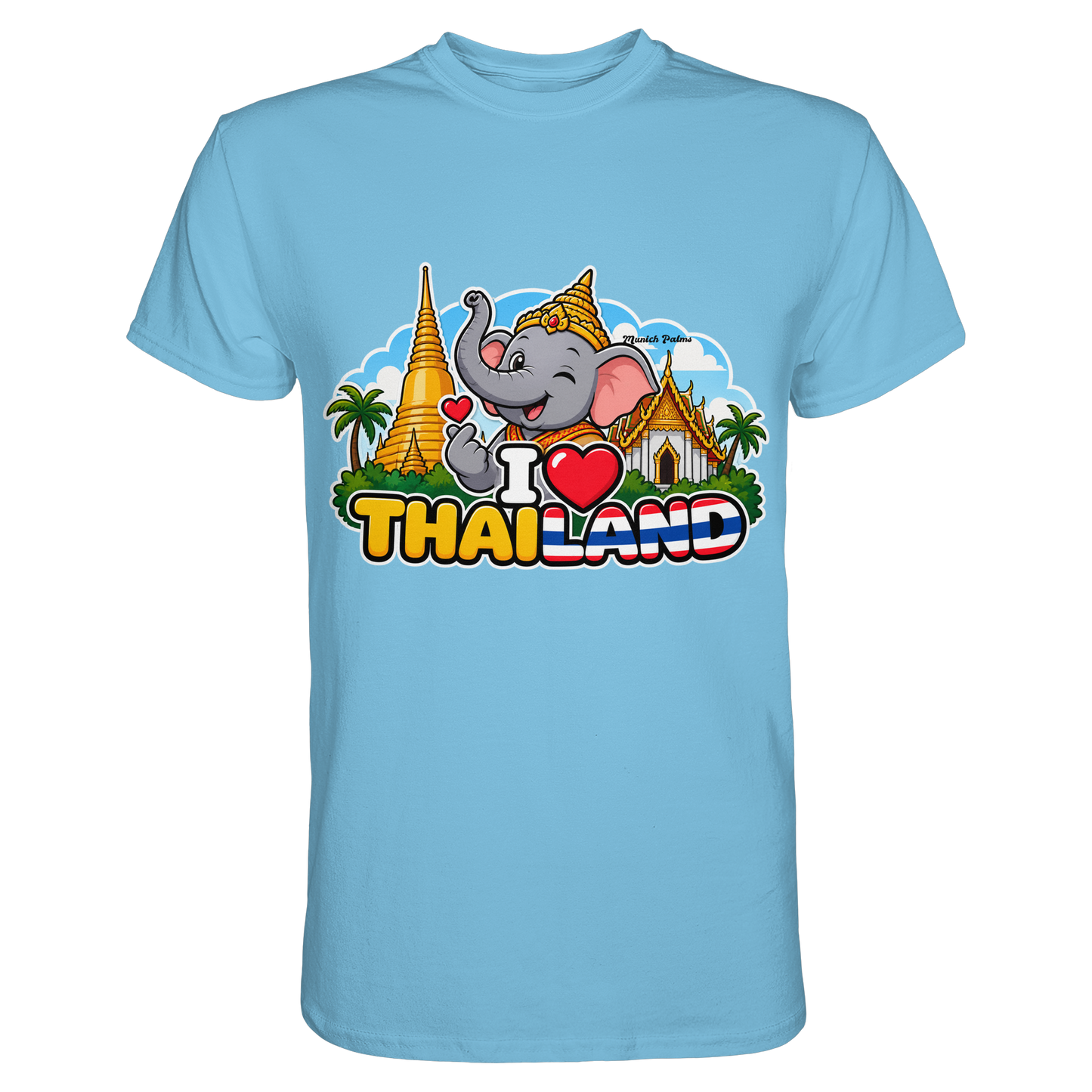 Lächelnder Elefant auf einem blauen Unisex-Shirt mit Thailand-Motiv und Munich Palms Design, hochwertiges Premium Shirt.