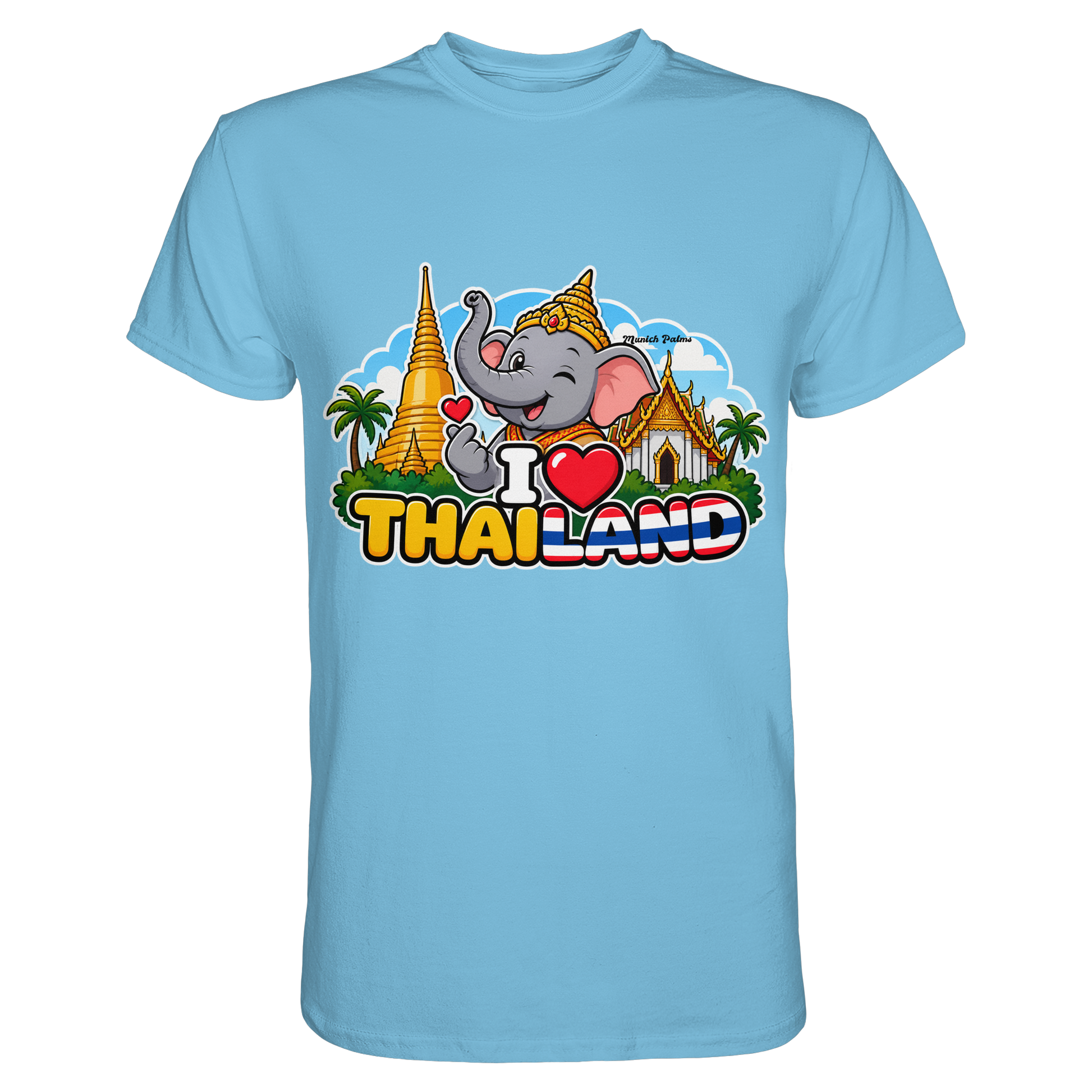 Lächelnder Elefant auf einem blauen Unisex-Shirt mit Thailand-Motiv und Munich Palms Design, hochwertiges Premium Shirt.