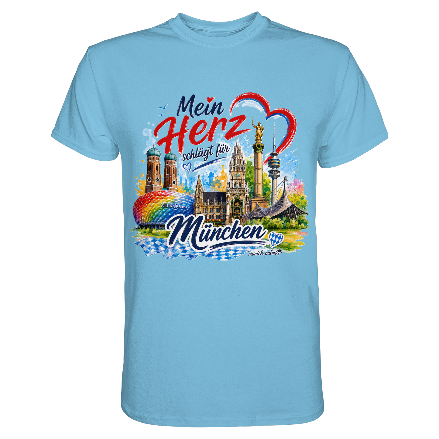 Buntes München Design auf einem hellblauen Unisex-Shirt mit Wahrzeichen, München Palms, Frontansicht