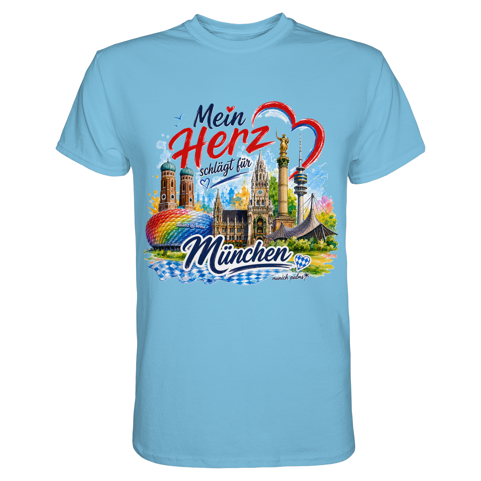 Buntes München Design auf einem hellblauen Unisex-Shirt mit Wahrzeichen, München Palms, Frontansicht