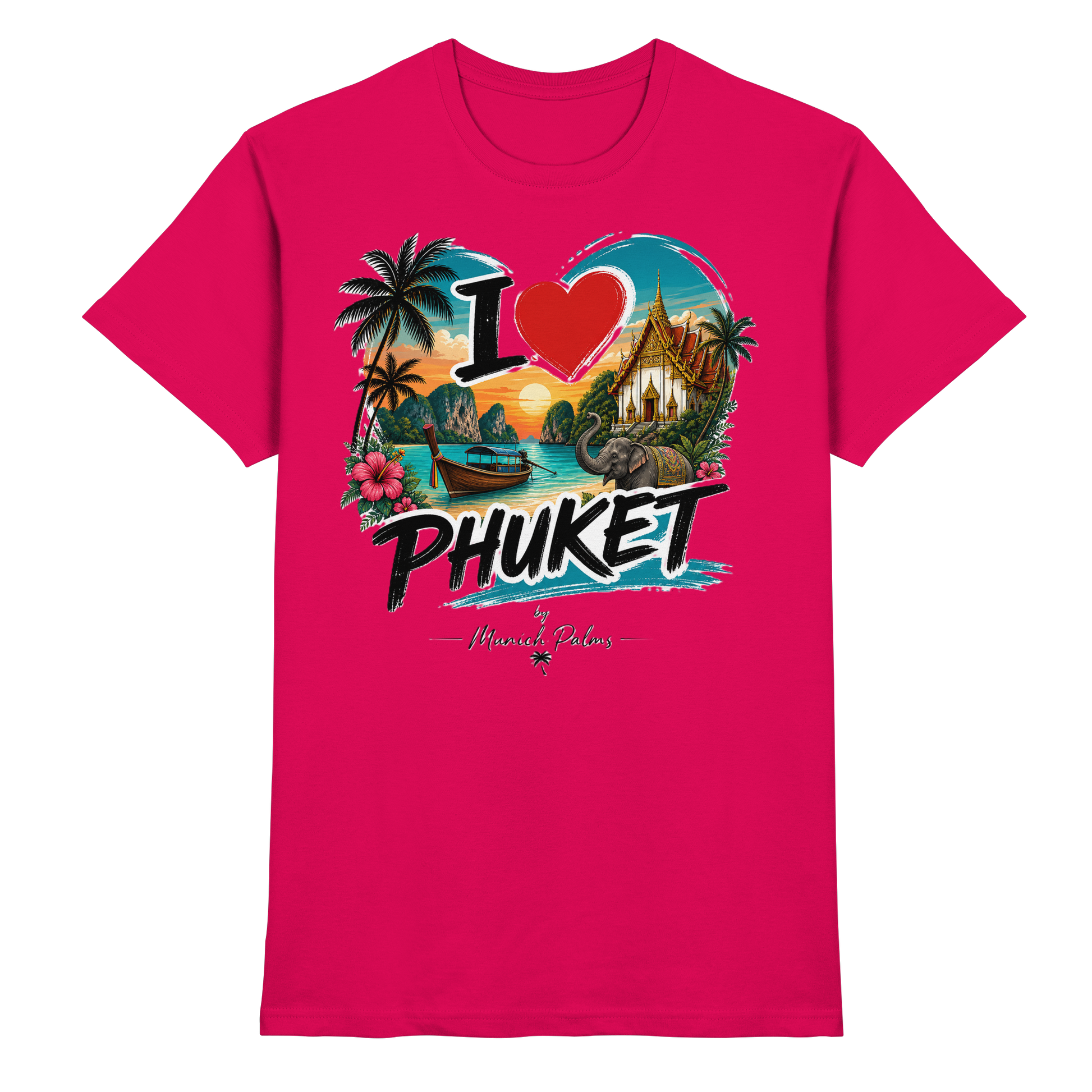 Unisex T-Shirt "I love Phuket" in Sorbet-Farbe, Premium Qualität, mit frontaler Druck, von Online Kaufhaus München.
