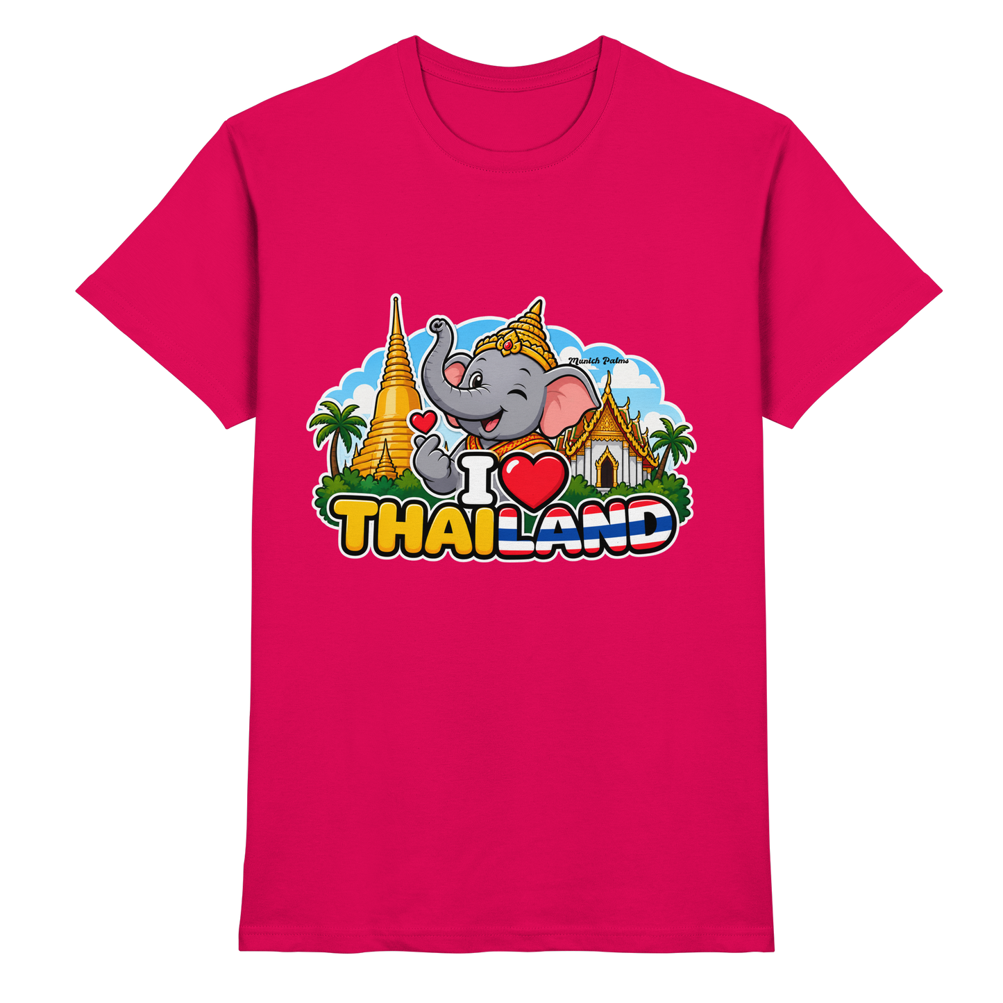 Unisex-Shirt "I Love Thailand" mit lachendem Elefanten im Munich Palms Design, Premium Qualität, vorne sichtbar.
