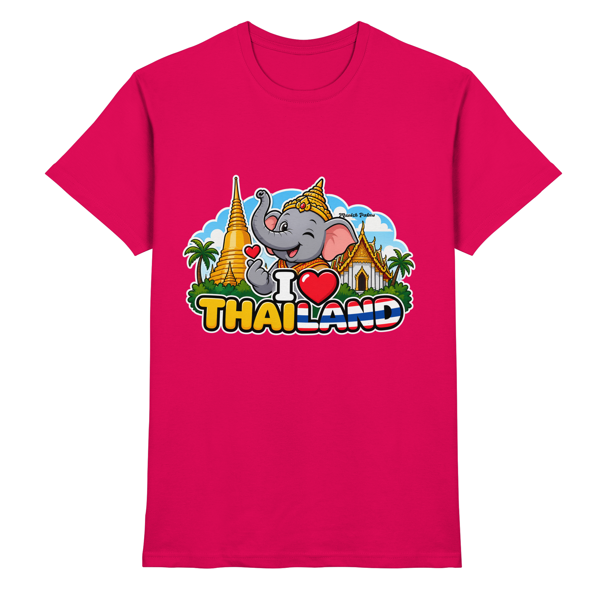 Unisex-Shirt "I Love Thailand" mit lachendem Elefanten im Munich Palms Design, Premium Qualität, vorne sichtbar.