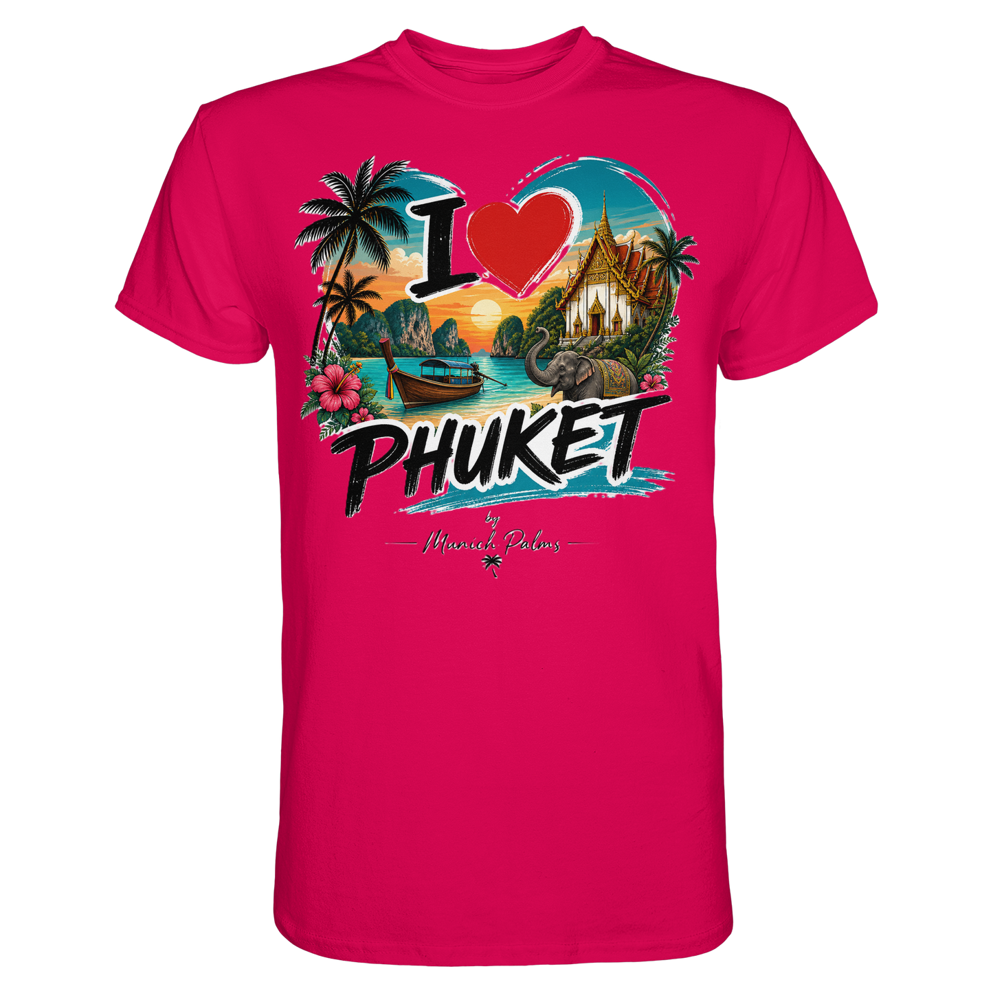 Unisex-Premium-Shirt „I love Phuket“ in Sorbetfarbe, vorneansicht, weiches Material, stilvolles Design, Markenqualität von Online Kaufhaus München.