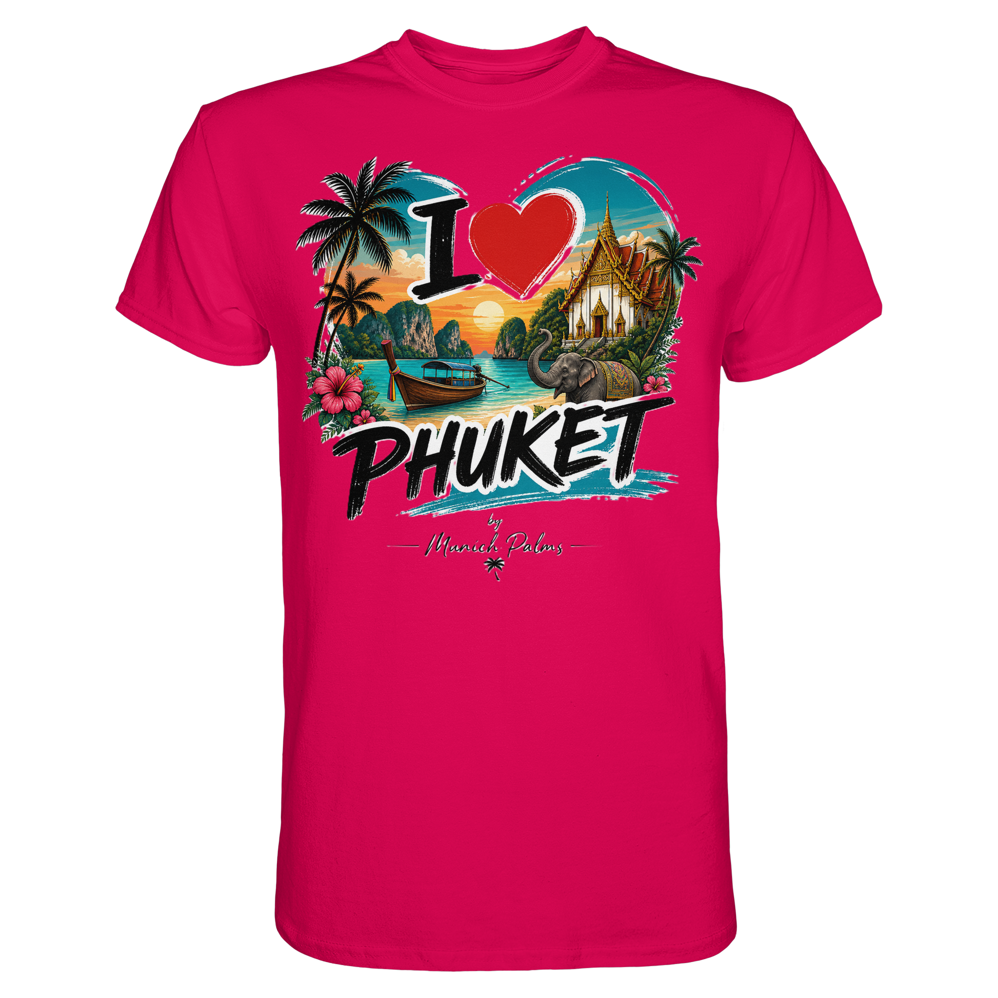 Unisex-Premium-Shirt „I love Phuket“ in Sorbetfarbe, vorneansicht, weiches Material, stilvolles Design, Markenqualität von Online Kaufhaus München.