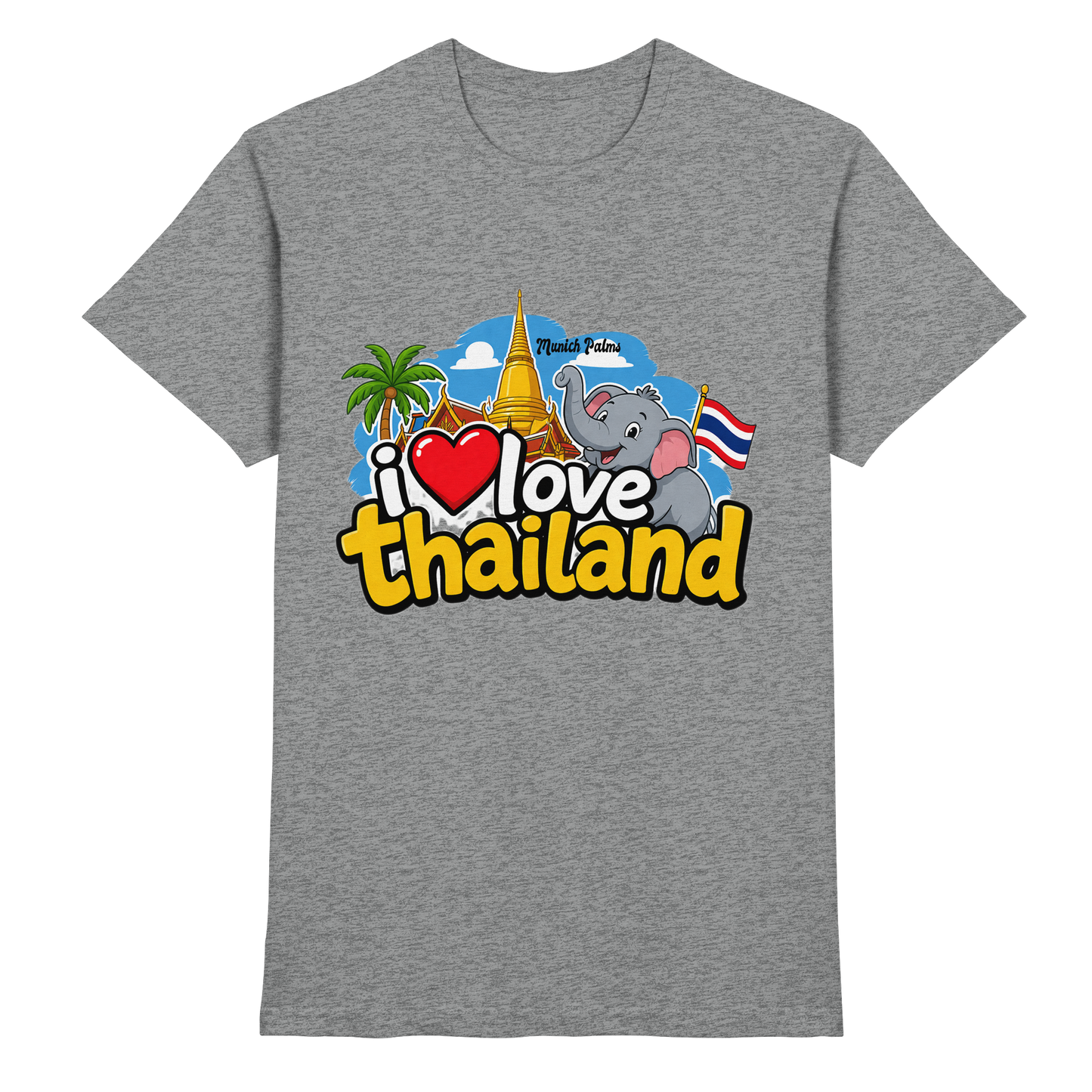 Unisex T-Shirt "I love Thailand" in sportgrau Meliert, bequemes Premium Shirt, Frontansicht, klares Design
