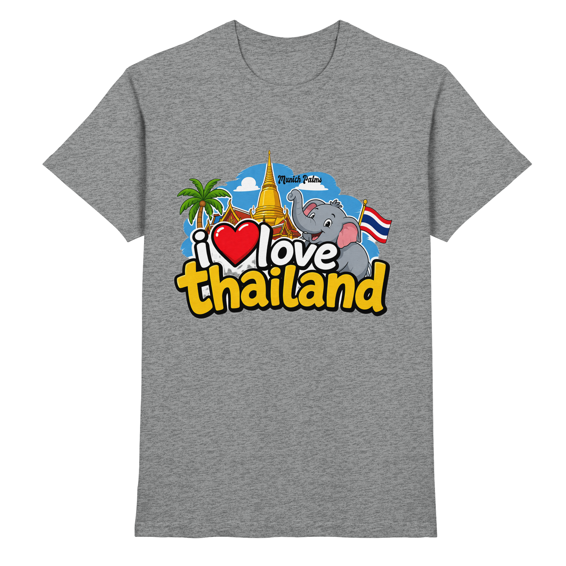 Unisex T-Shirt "I love Thailand" in sportgrau Meliert, bequemes Premium Shirt, Frontansicht, klares Design