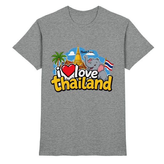 Unisex T-Shirt "I love Thailand" in sportgrau Meliert, bequemes Premium Shirt, Frontansicht, klares Design