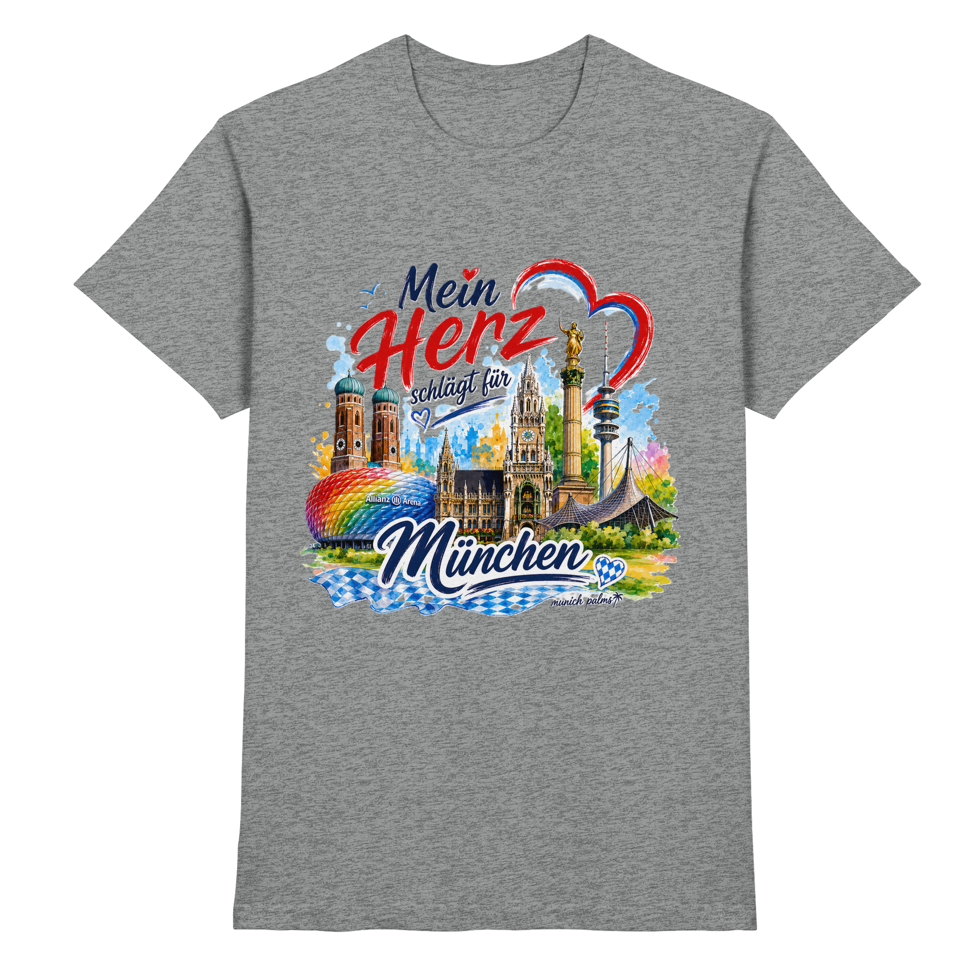 Unisex-Shirt mit buntem München-Design und Wahrzeichen, in Sports Grey Meliert, von Munich Palms, für München-Liebhaber.