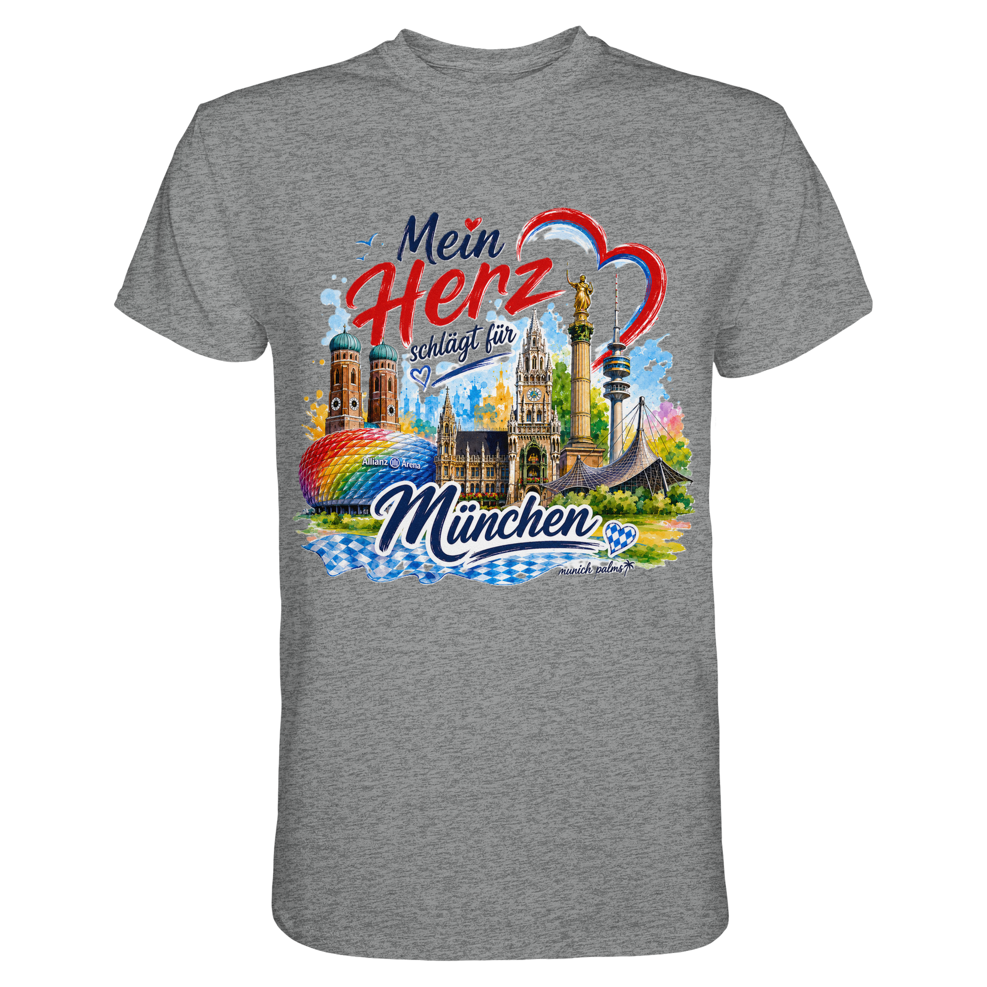 Unisex-Shirt "Mein Herz schlägt für München" mit buntem München Design und Wahrzeichen auf grauem Sportswear-Meliert.