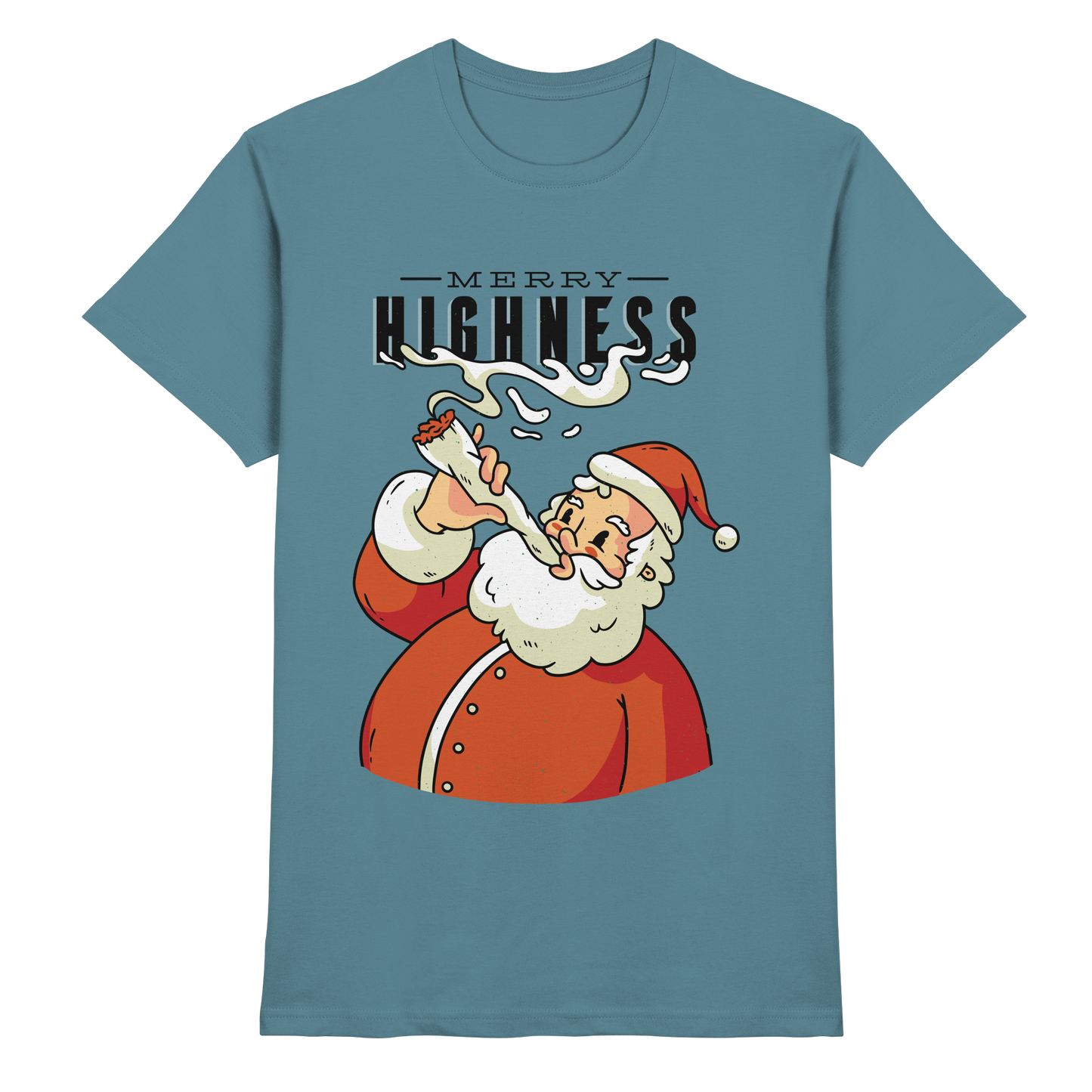 A Christmas motif featuring a pot-smoking Santa Claus, Merry Highness - Premium Shirt
