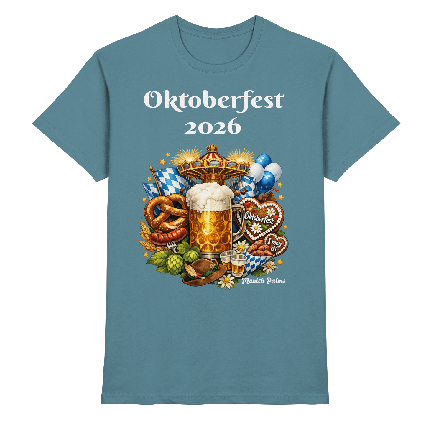 Herren und Damen Premium T-Shirt mit Oktoberfest 2026 München Design in Steinblau, unisex, Vorderansicht.