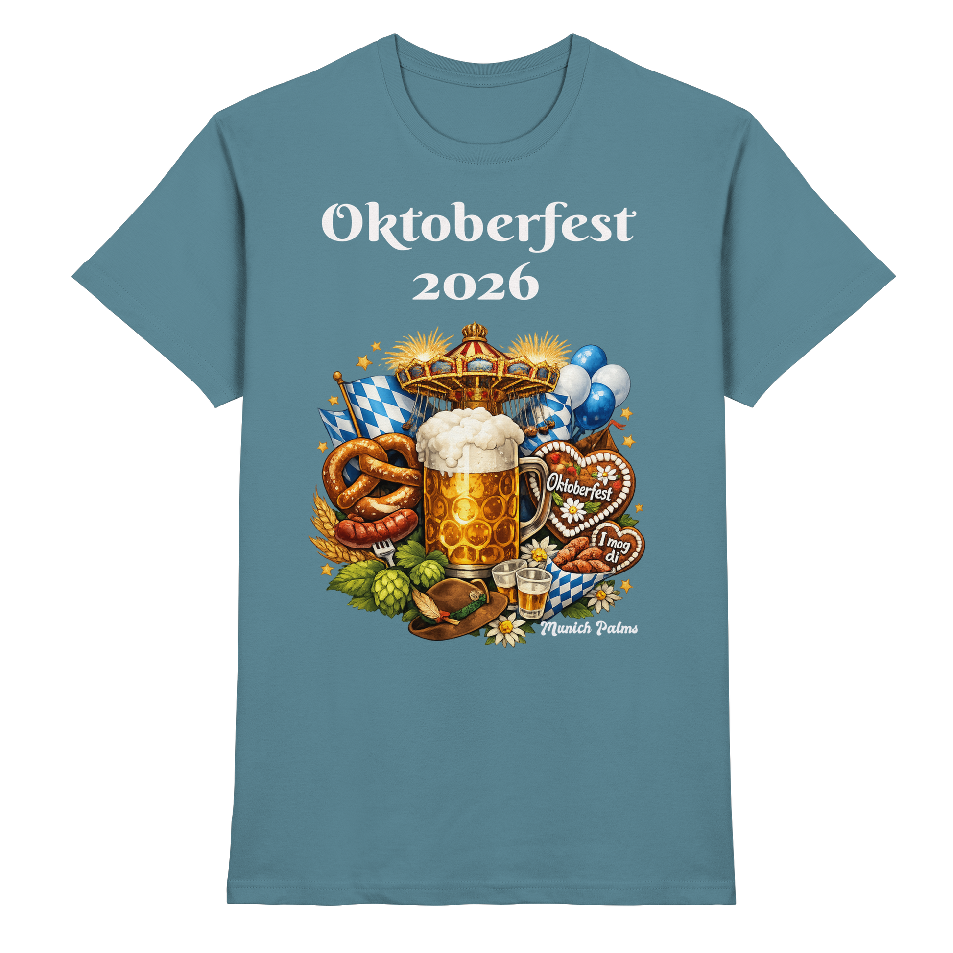 Herren und Damen Premium T-Shirt mit Oktoberfest 2026 München Design in Steinblau, unisex, Vorderansicht.