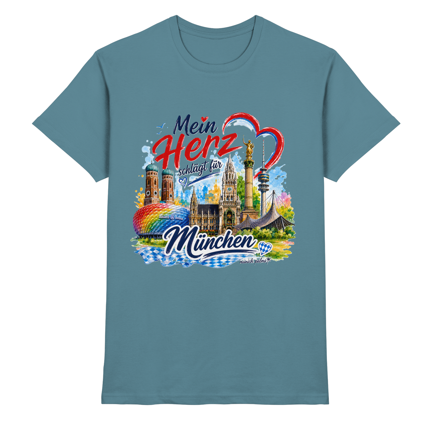Unisex-Shirt in Steingrau mit buntem München-Design, Wahrzeichen und Herzmotiv, von Munich Palms, Frontansicht