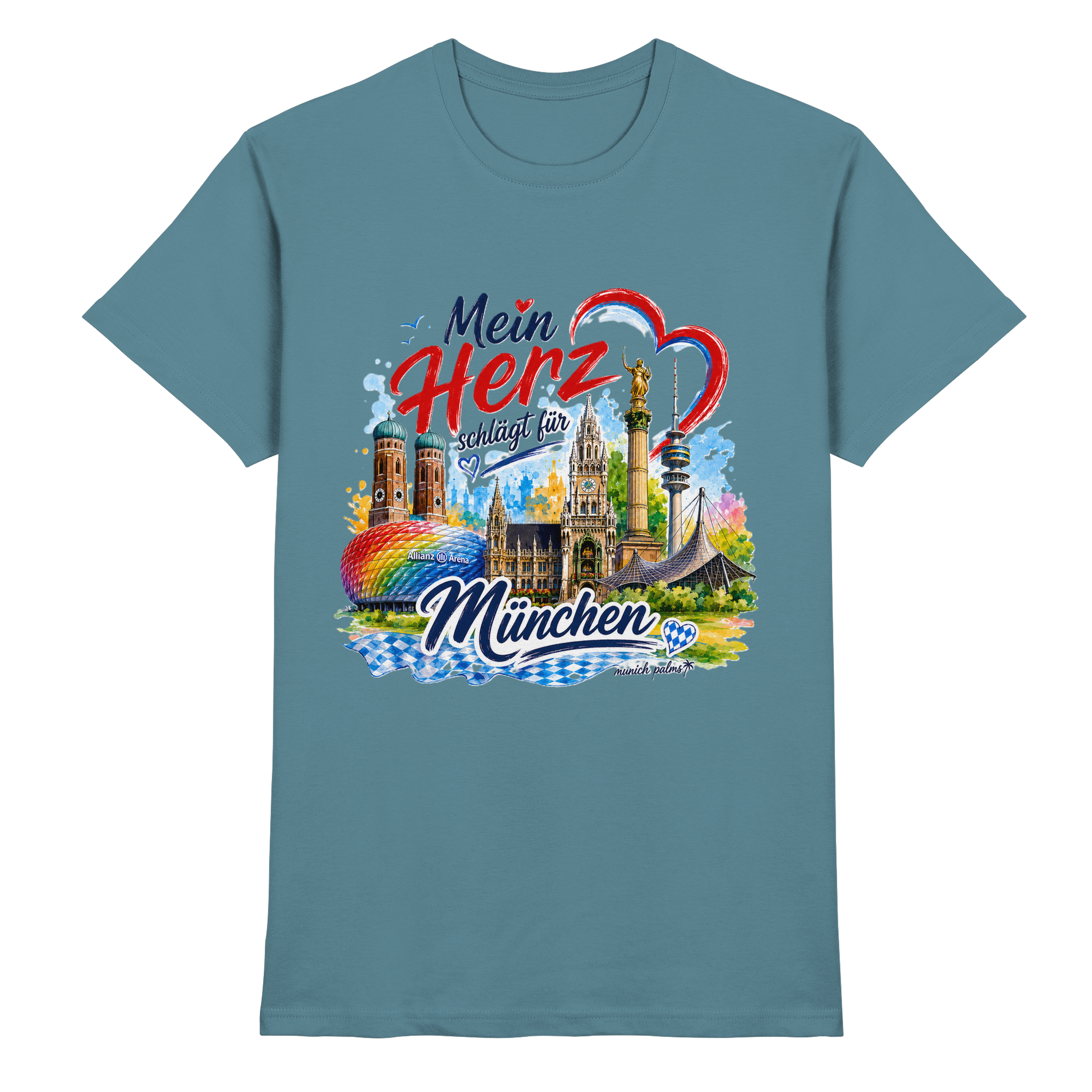 Unisex-Shirt in Steingrau mit buntem München-Design, Wahrzeichen und Herzmotiv, von Munich Palms, Frontansicht