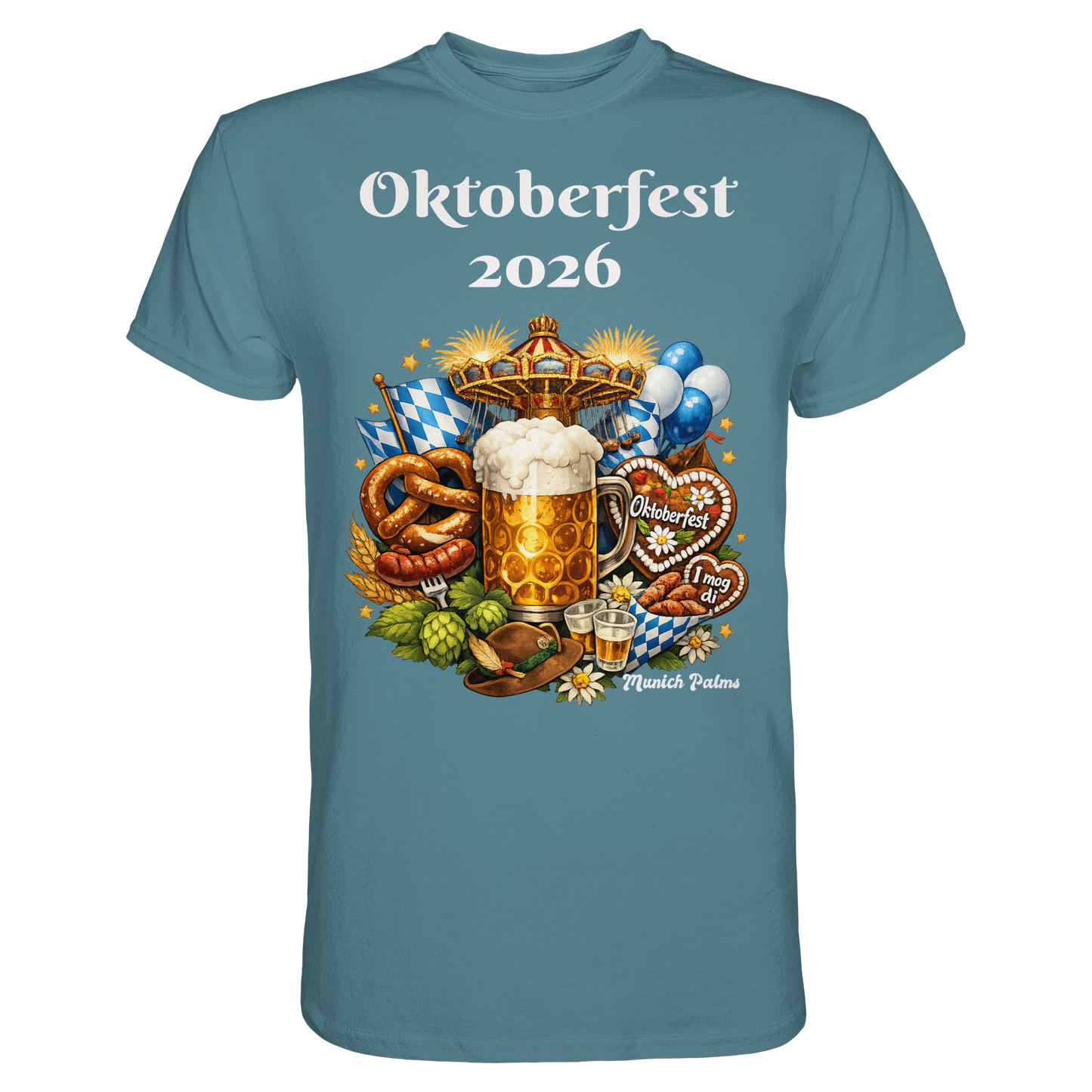 Unisex-Oktoberfest 2026 München Design Premium Shirt in Steinblau, Frontansicht, bequemes Trachtenhemd von Online Kaufhaus München
