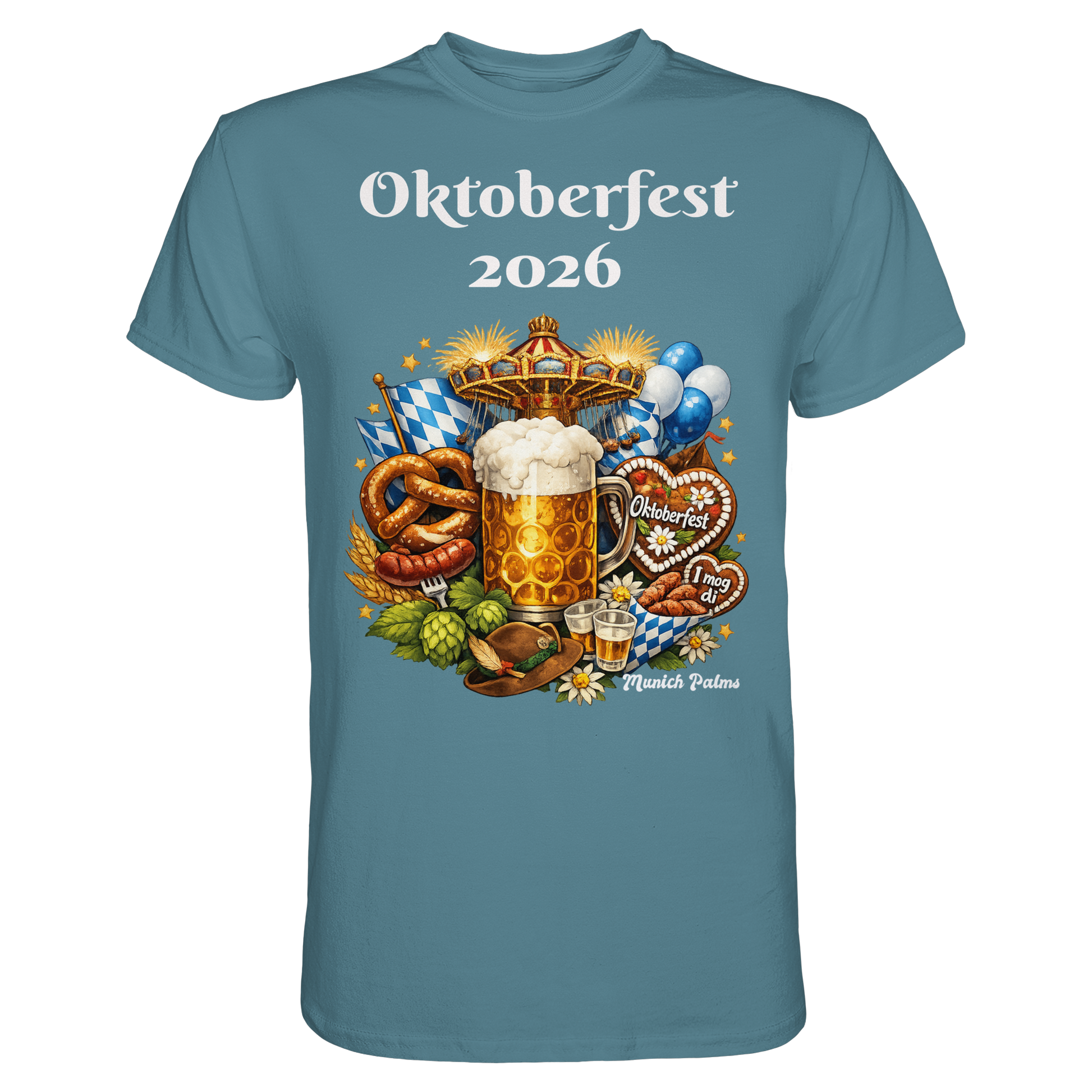 Unisex-Oktoberfest 2026 München Design Premium Shirt in Steinblau, Frontansicht, bequemes Trachtenhemd von Online Kaufhaus München