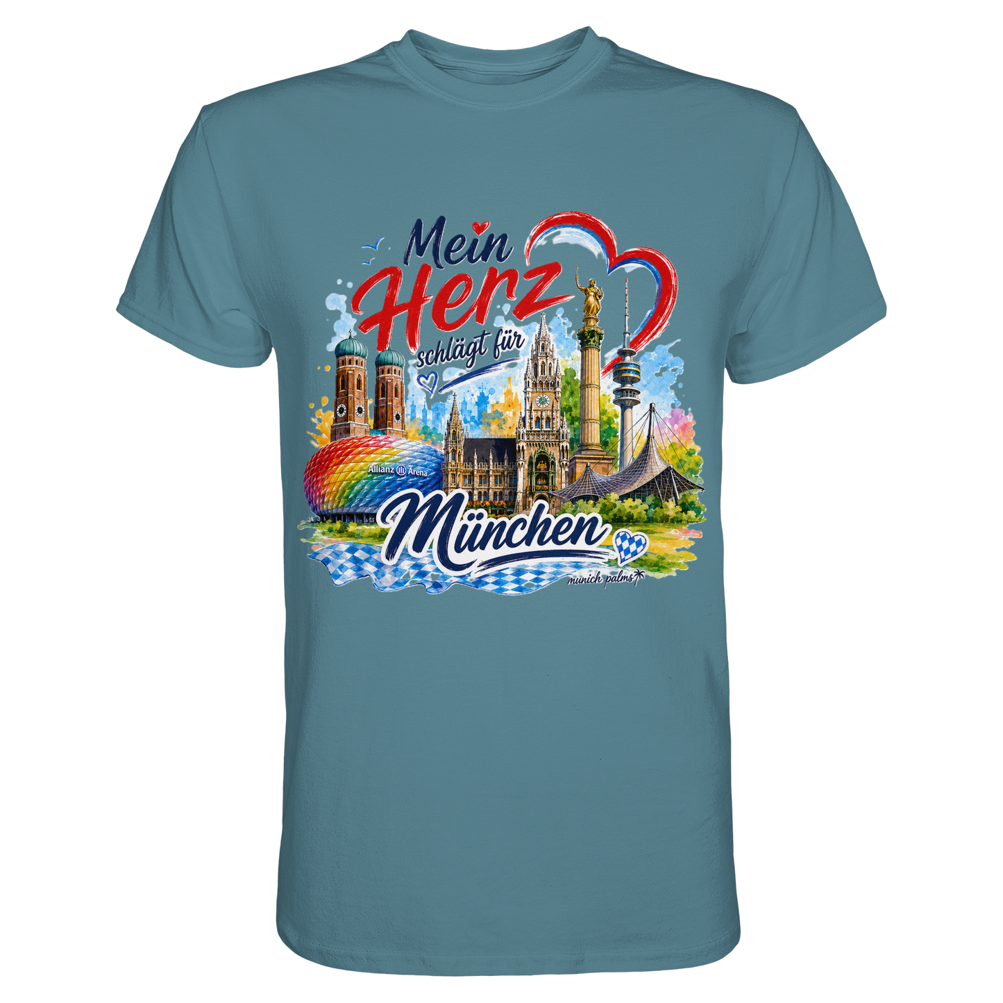 Buntes München Design auf einem unisex Premium-Shirt in Steinblau mit Wahrzeichen, von Online Kaufhaus München.