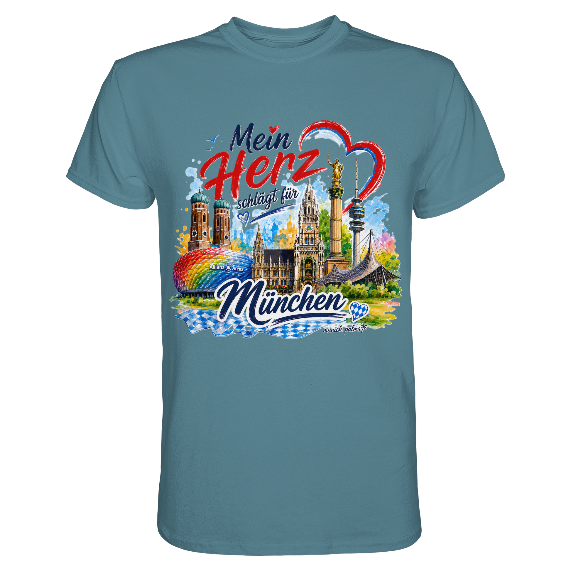 Buntes München Design auf einem unisex Premium-Shirt in Steinblau mit Wahrzeichen, von Online Kaufhaus München.