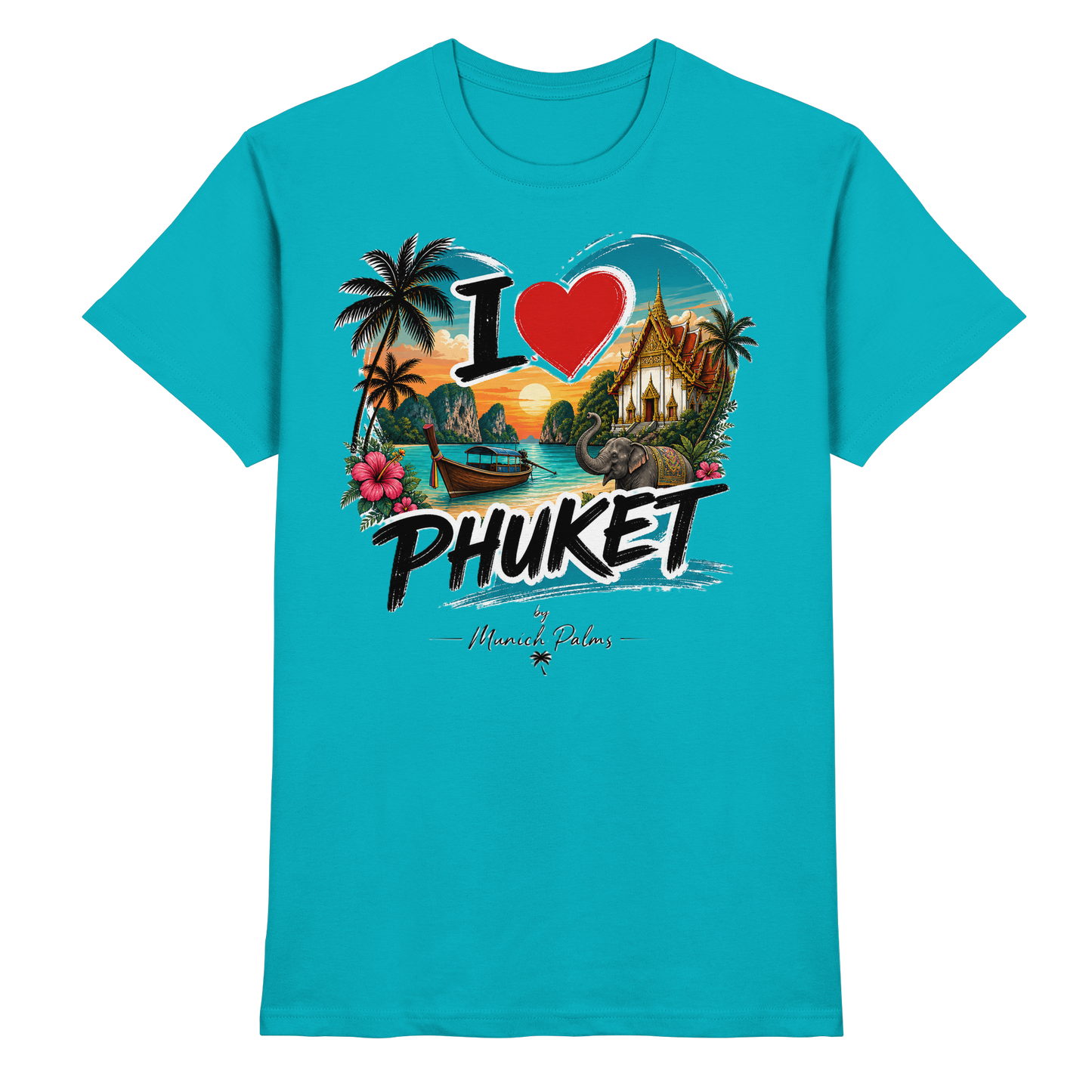 Unisex-Shirt "I love Phuket" mit Pool-Design, hochwertiges Premium-Shirt, frontale Ansicht, modernes Urlaubs-Motiv.