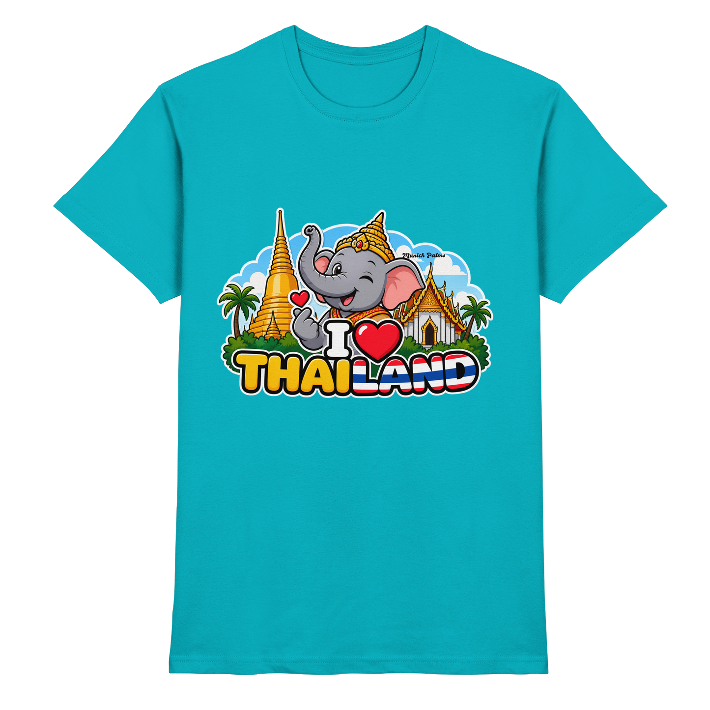 Unisex-Shirt mit Elefanten-Design in Munich Palms, zeigt lächelnden Elefanten auf Premium-Design im Swimming-Pool-Stil