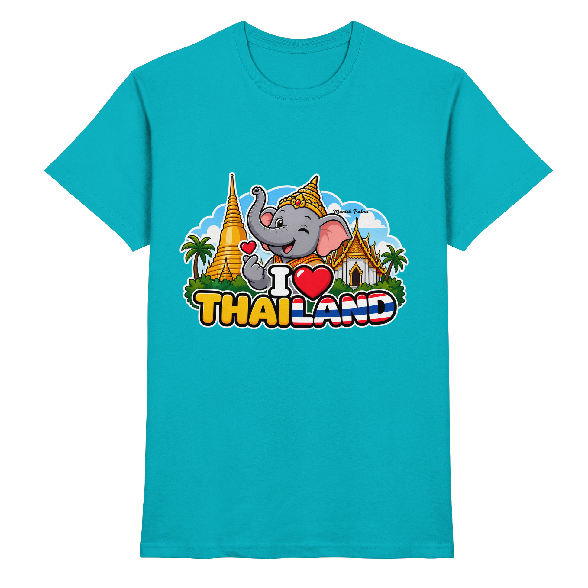 Unisex-Shirt mit Elefanten-Design in Munich Palms, zeigt lächelnden Elefanten auf Premium-Design im Swimming-Pool-Stil