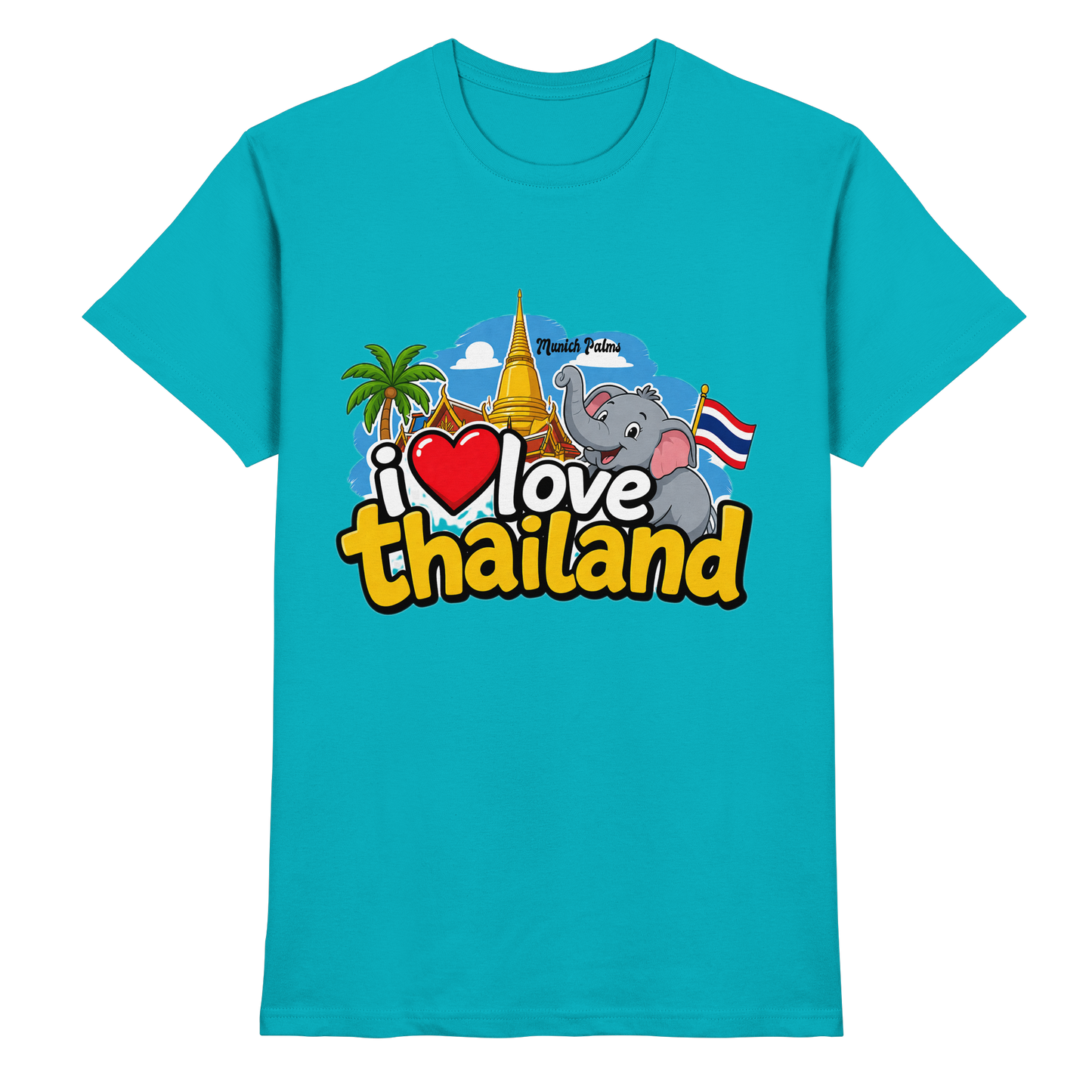 Unisex Premium-Shirt „I love Thailand“ mit Pool-Design, bequem und stilvoll, auf einem weißen Hintergrund.