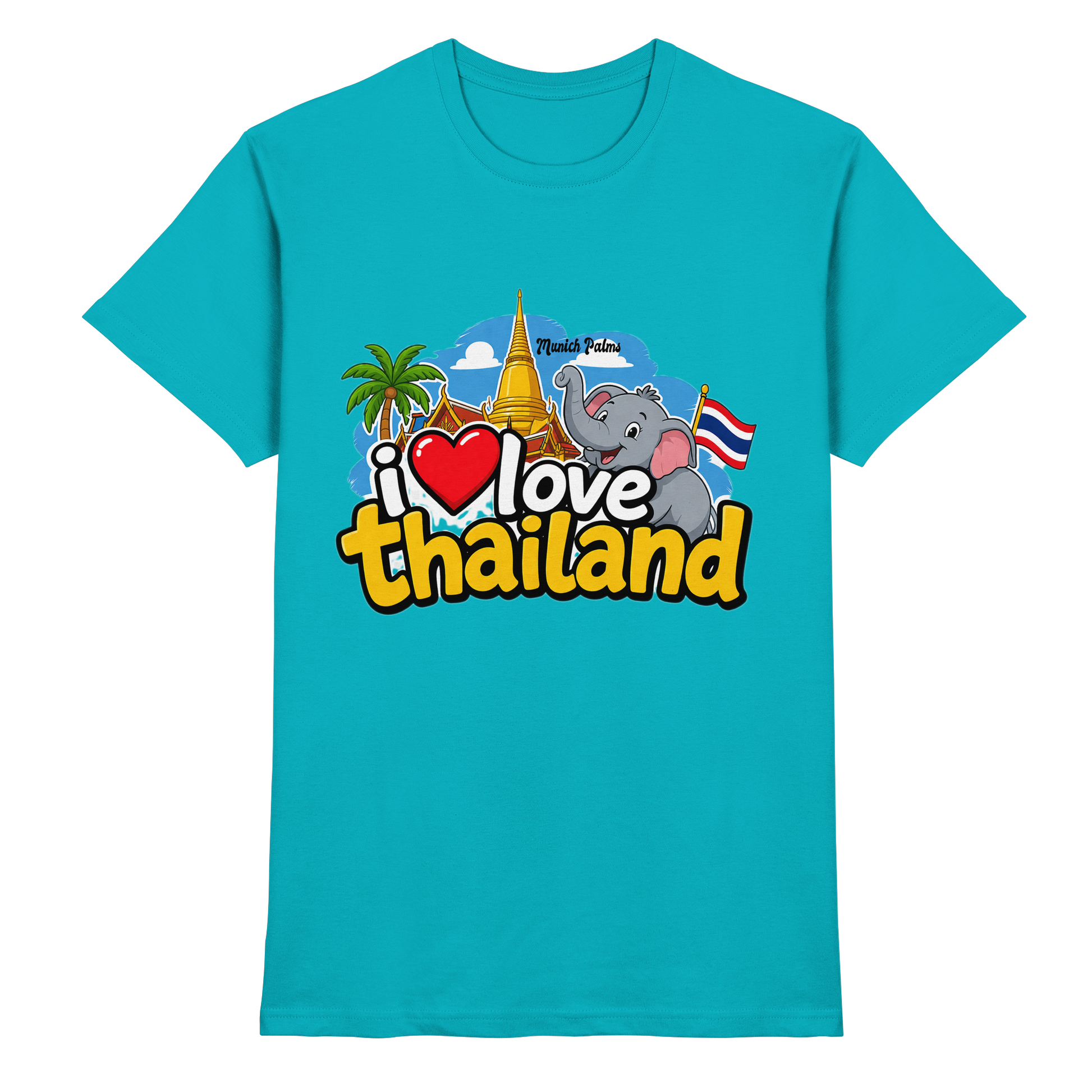 Unisex Premium-Shirt „I love Thailand“ mit Pool-Design, bequem und stilvoll, auf einem weißen Hintergrund.