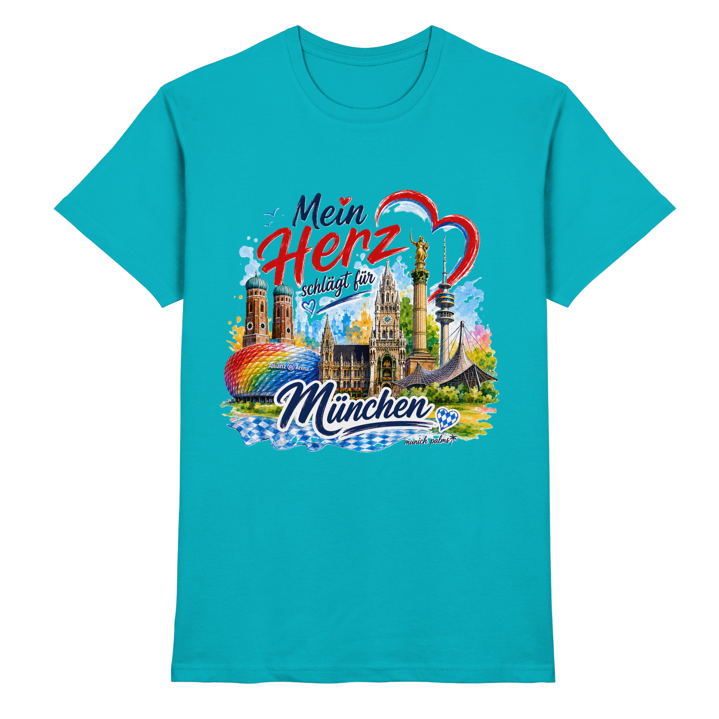 Buntes München Design auf einem Unisex-Shirt mit Wahrzeichen, zeigt das Herz der Stadt und einen Schwimmbad-Illustration.