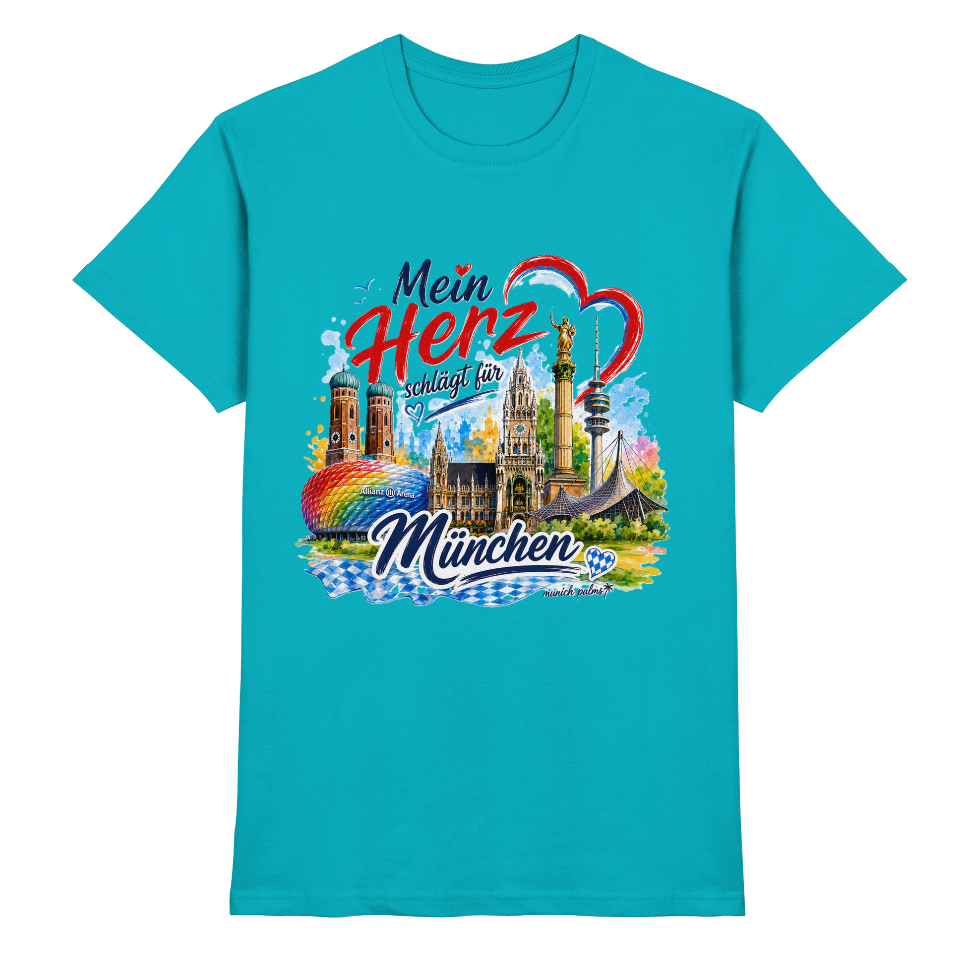Buntes München Design auf einem Unisex-Shirt mit Wahrzeichen, zeigt das Herz der Stadt und einen Schwimmbad-Illustration.
