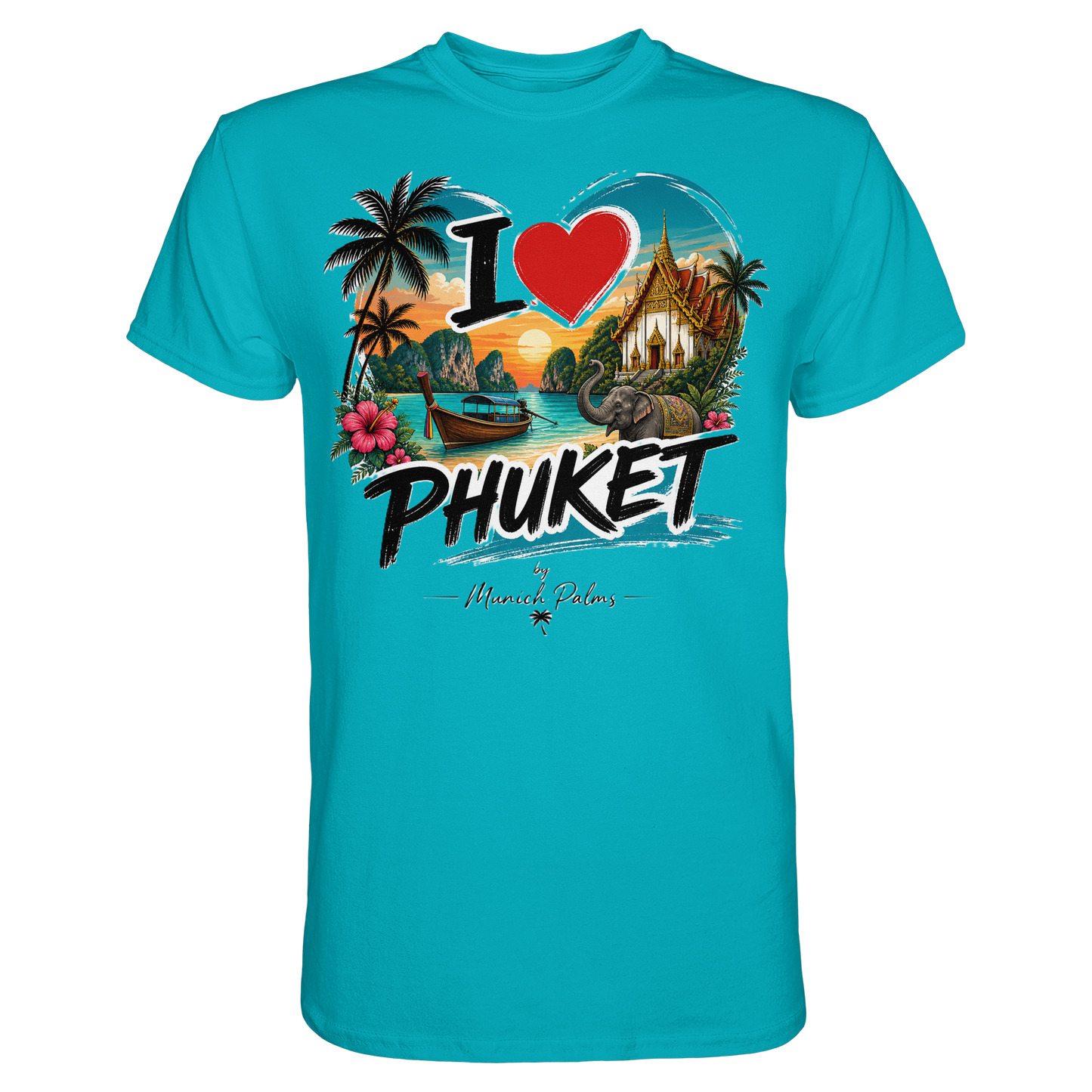 Herren- und Damen-Unisex-Shirt „I love Phuket“ in Premium-Qualität mit Pool-Motiv, frontale Ansicht, von Online Kaufhaus München