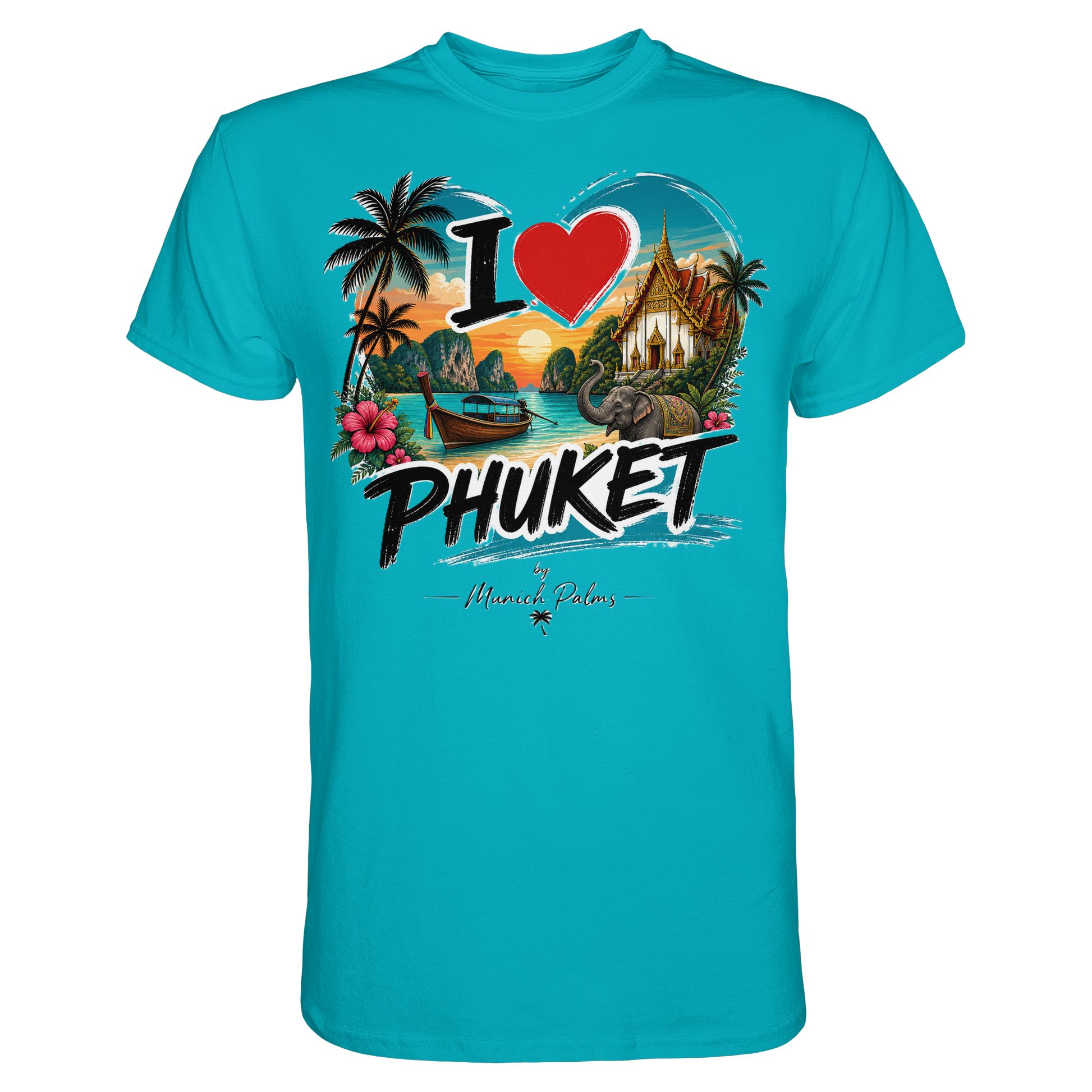 Herren- und Damen-Unisex-Shirt „I love Phuket“ in Premium-Qualität mit Pool-Motiv, frontale Ansicht, von Online Kaufhaus München
