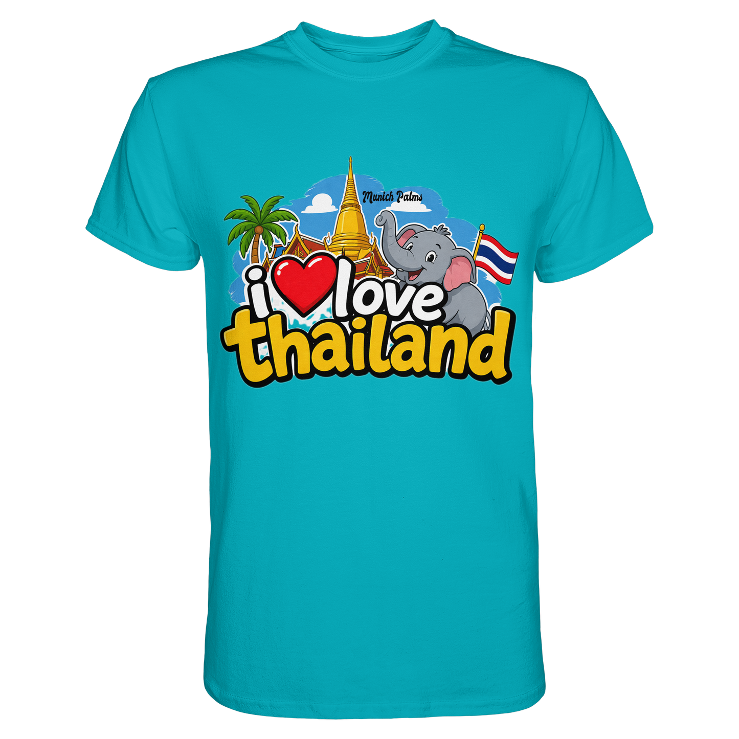 Unisex Premium-Shirt mit „I love Thailand“-Print, vorne sichtbar, in einem Swimming-Pool. Klare, farbenfrohe Gestaltung.