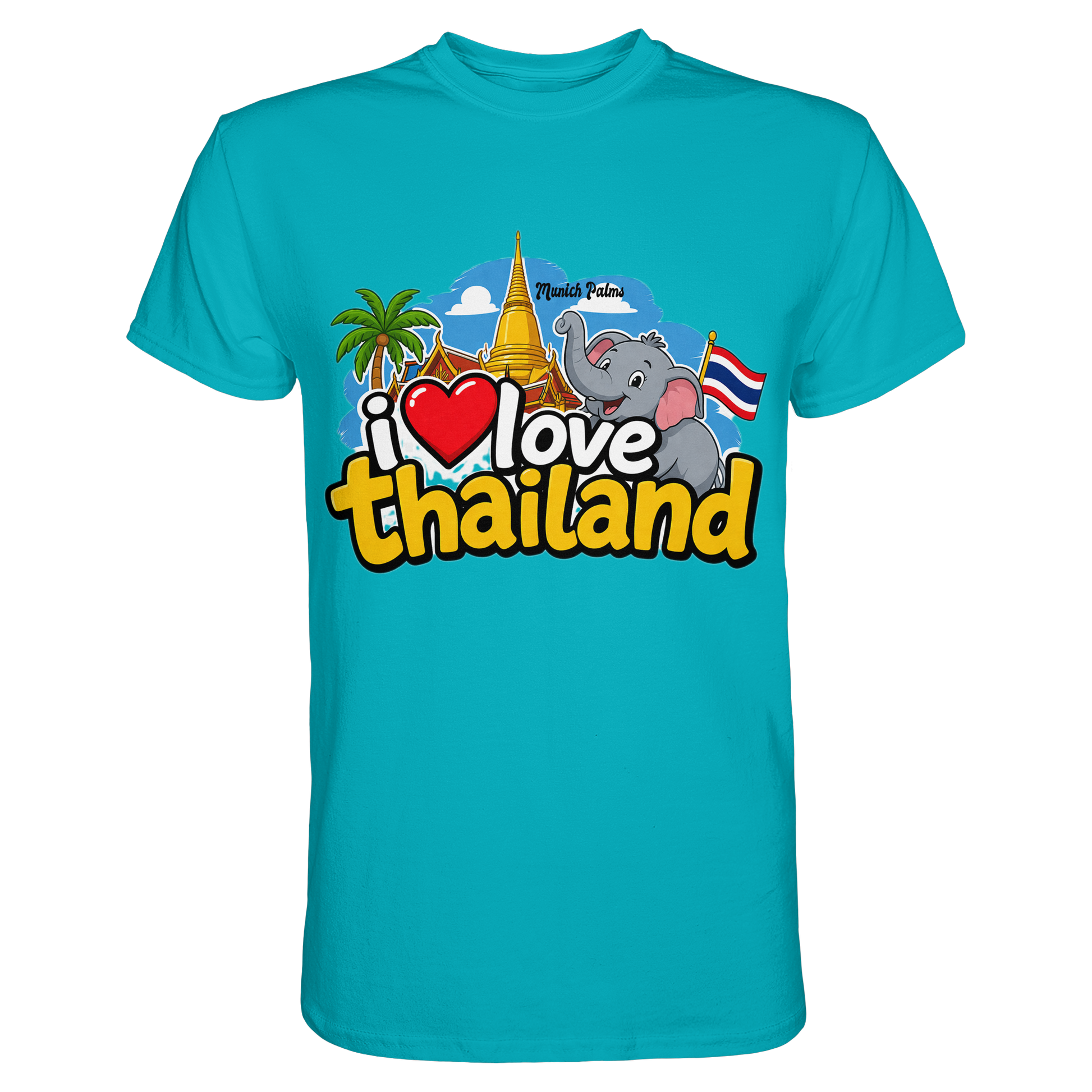 Unisex Premium-Shirt mit „I love Thailand“-Print, vorne sichtbar, in einem Swimming-Pool. Klare, farbenfrohe Gestaltung.