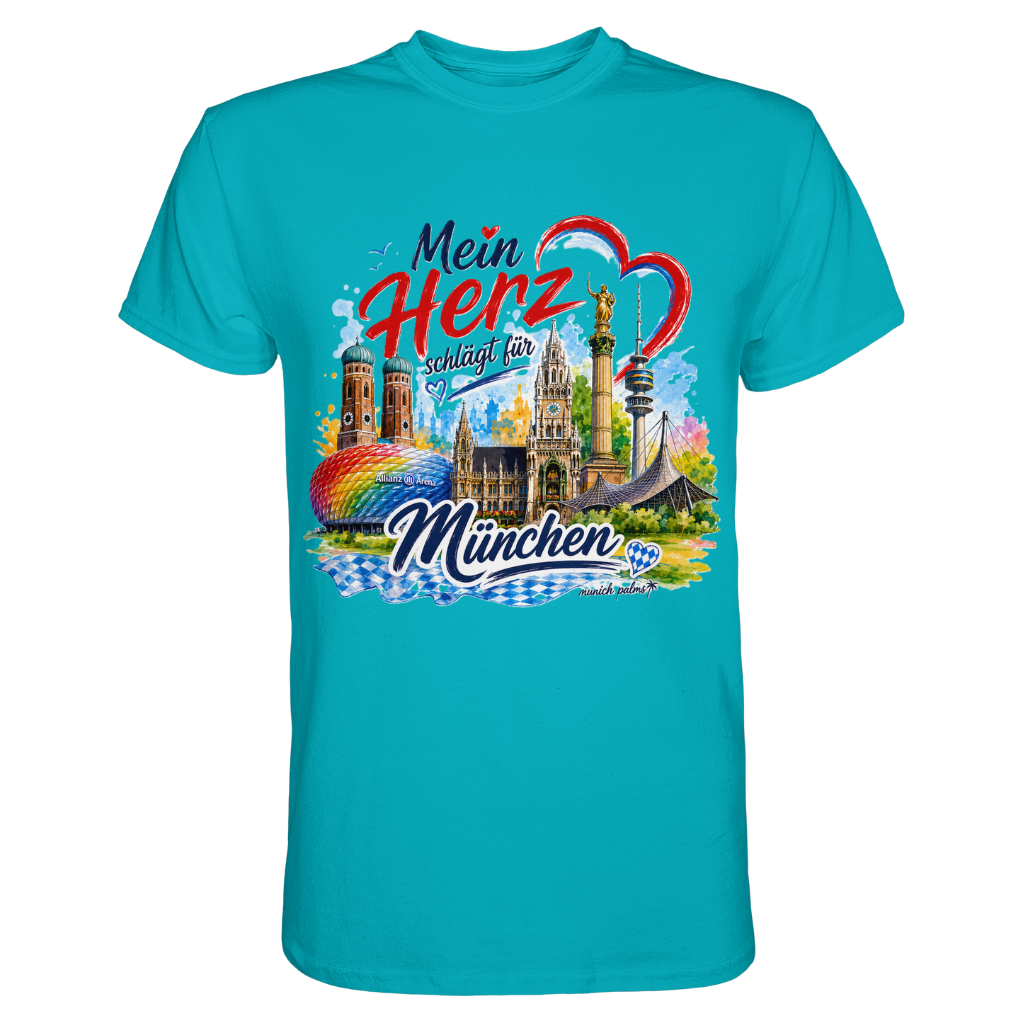 Unisex-Shirt mit buntem München Design und Wahrzeichen, hochwertiges Premium Shirt von Online Kaufhaus München, Frontansicht.