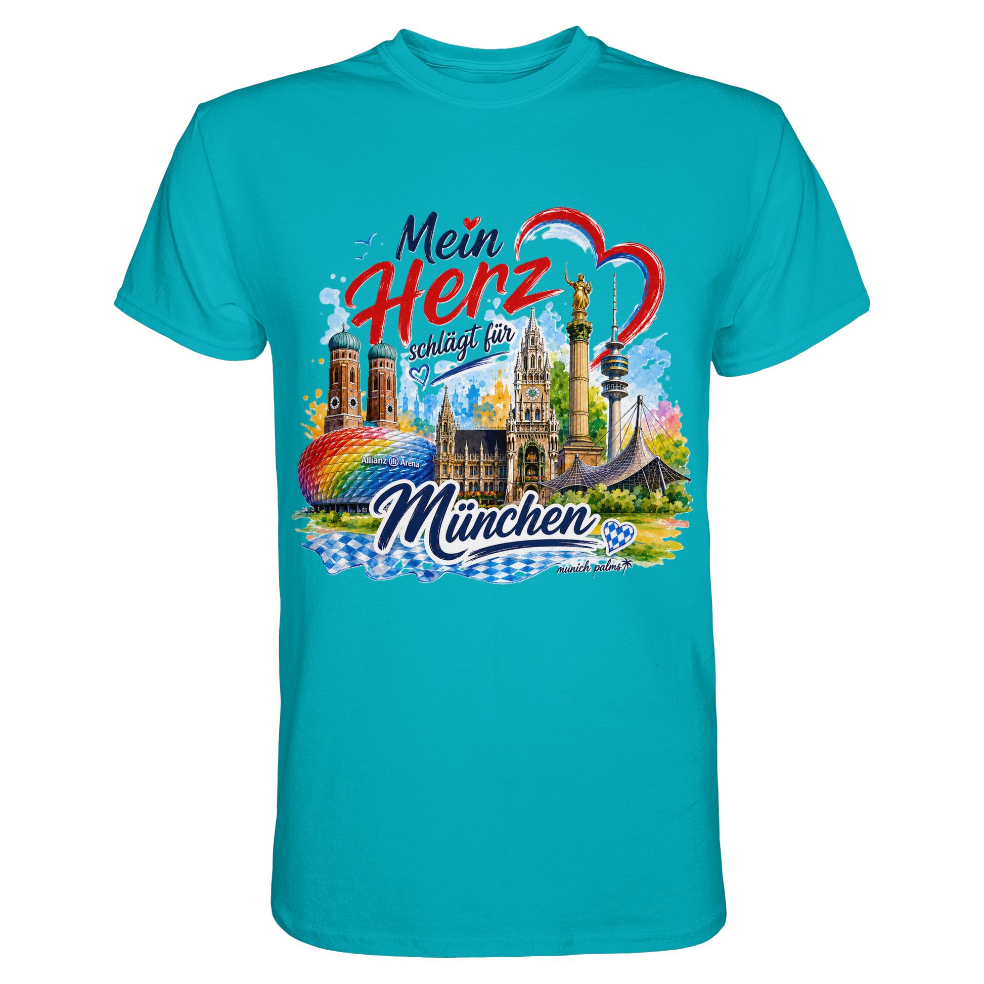Unisex-Shirt mit buntem München Design und Wahrzeichen, hochwertiges Premium Shirt von Online Kaufhaus München, Frontansicht.