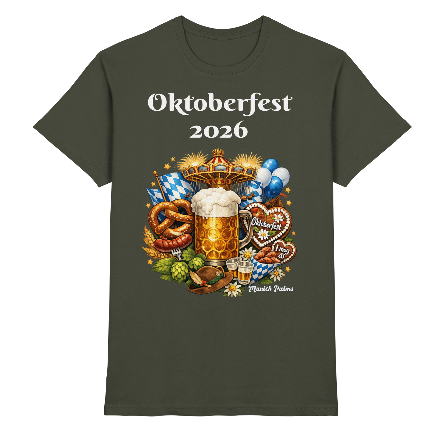 Unisex-Oktoberfest 2026 Munich Design Premium Shirt in Urban Khaki, vorneansicht, bequemes Trachten-Shirt von Online Kaufhaus München