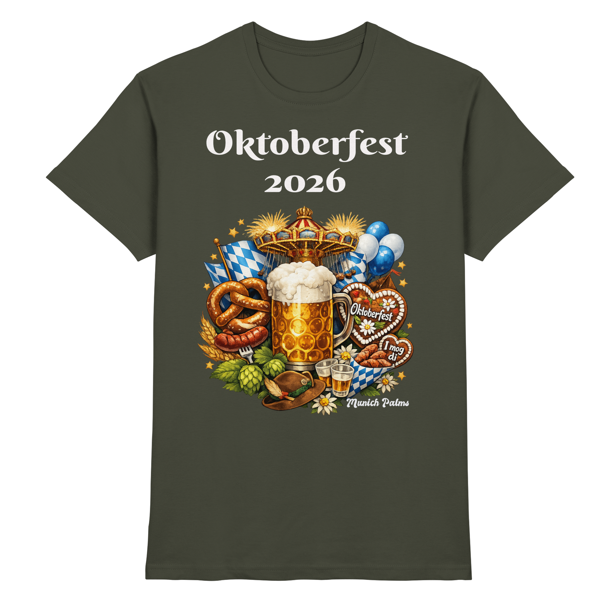 Unisex-Oktoberfest 2026 Munich Design Premium Shirt in Urban Khaki, vorneansicht, bequemes Trachten-Shirt von Online Kaufhaus München