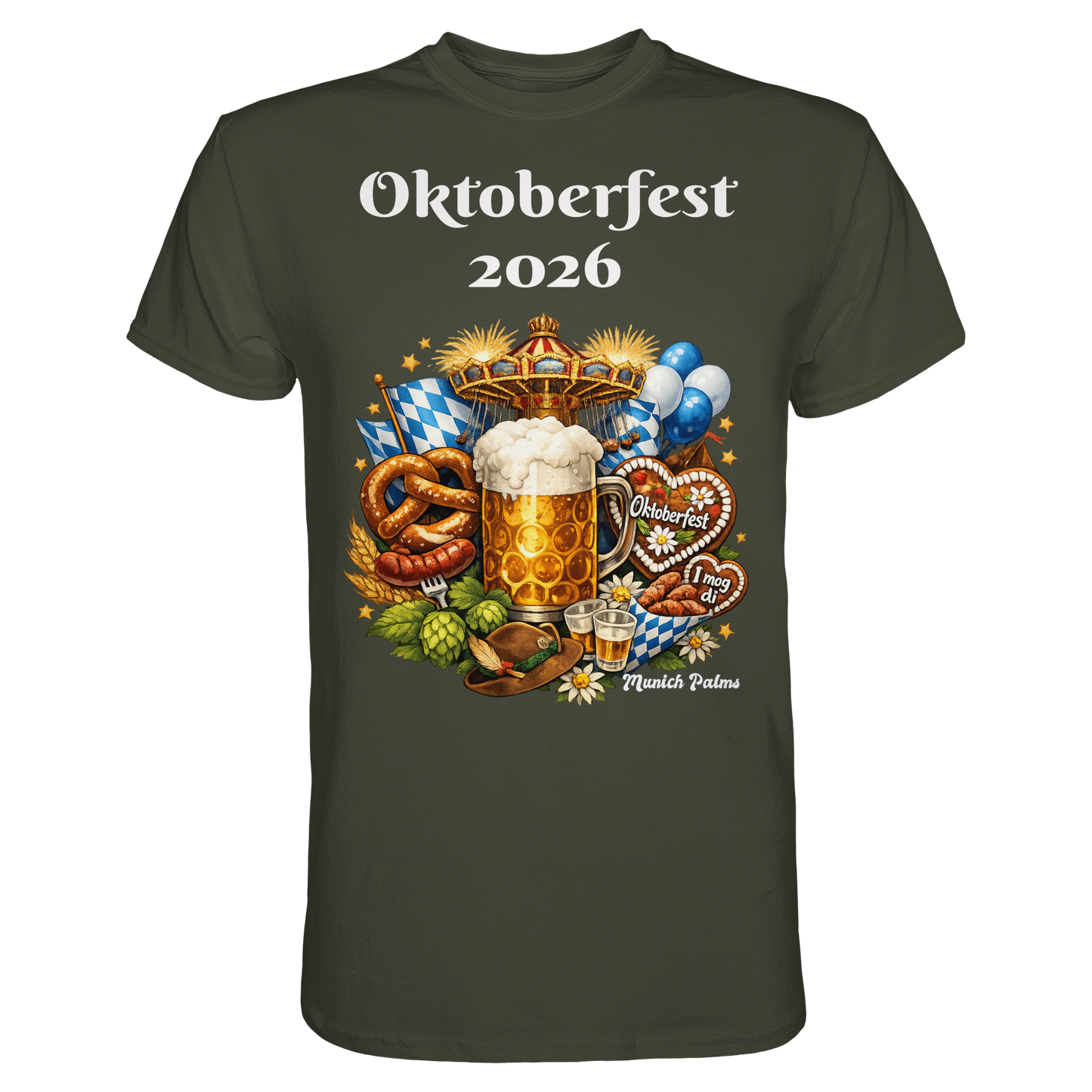 Unisex-Oktoberfest 2026 Munich Design Premium-Shirt in urban Khaki, vorneansicht, bequeme Passform, München-Design, Online Kaufhaus München