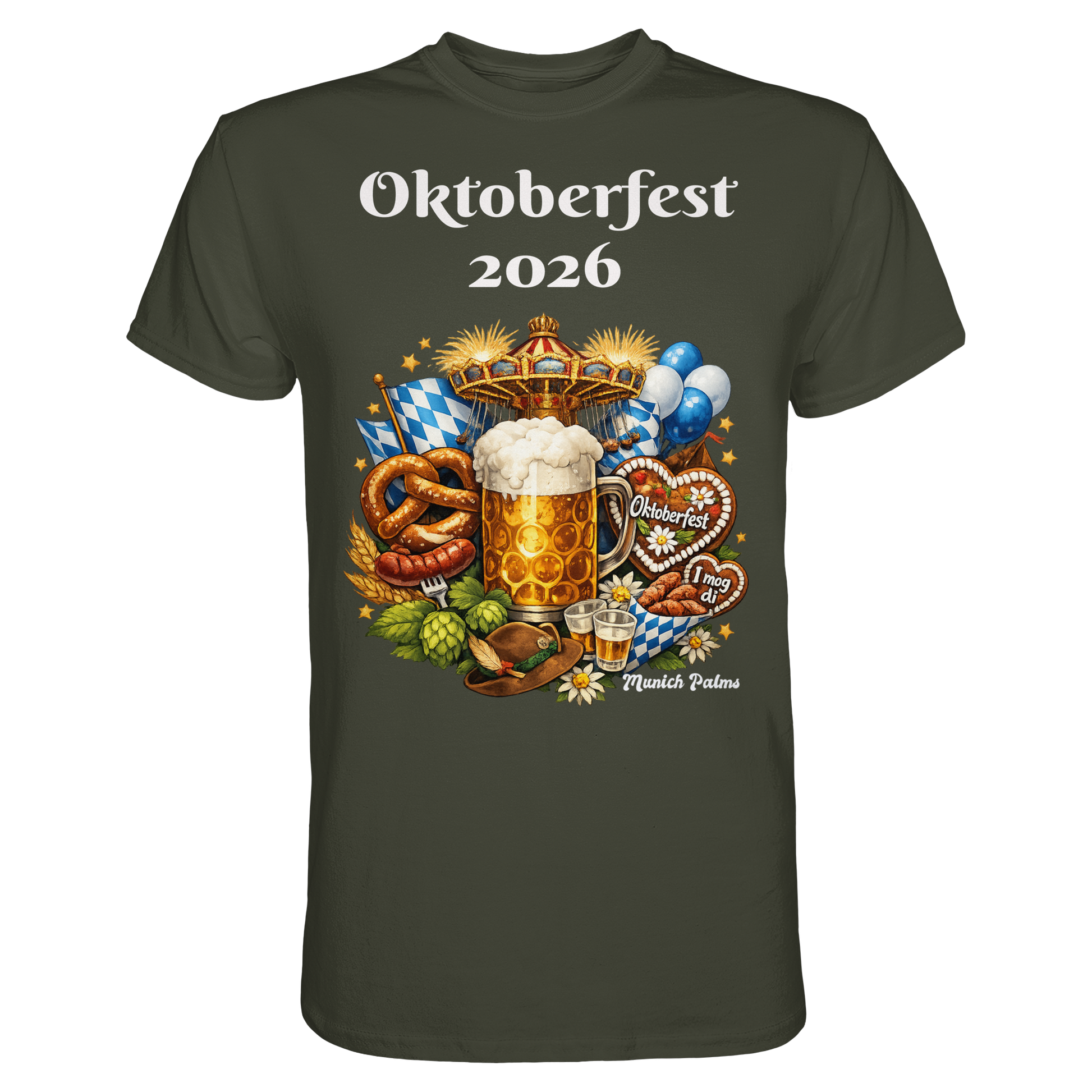 Unisex-Oktoberfest 2026 Munich Design Premium-Shirt in urban Khaki, vorneansicht, bequeme Passform, München-Design, Online Kaufhaus München