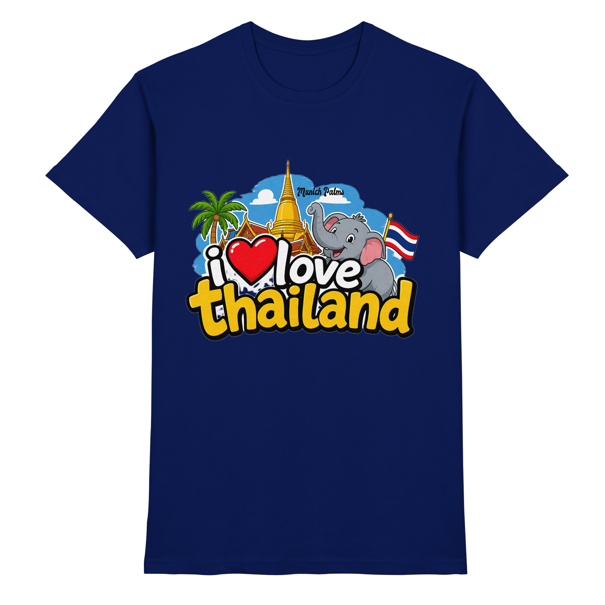 Unisex-Shirt "I love Thailand" in Dunkelblau, Premium Qualität, Vorderansicht, stilvolles Design, bequemes Urban-Modell
