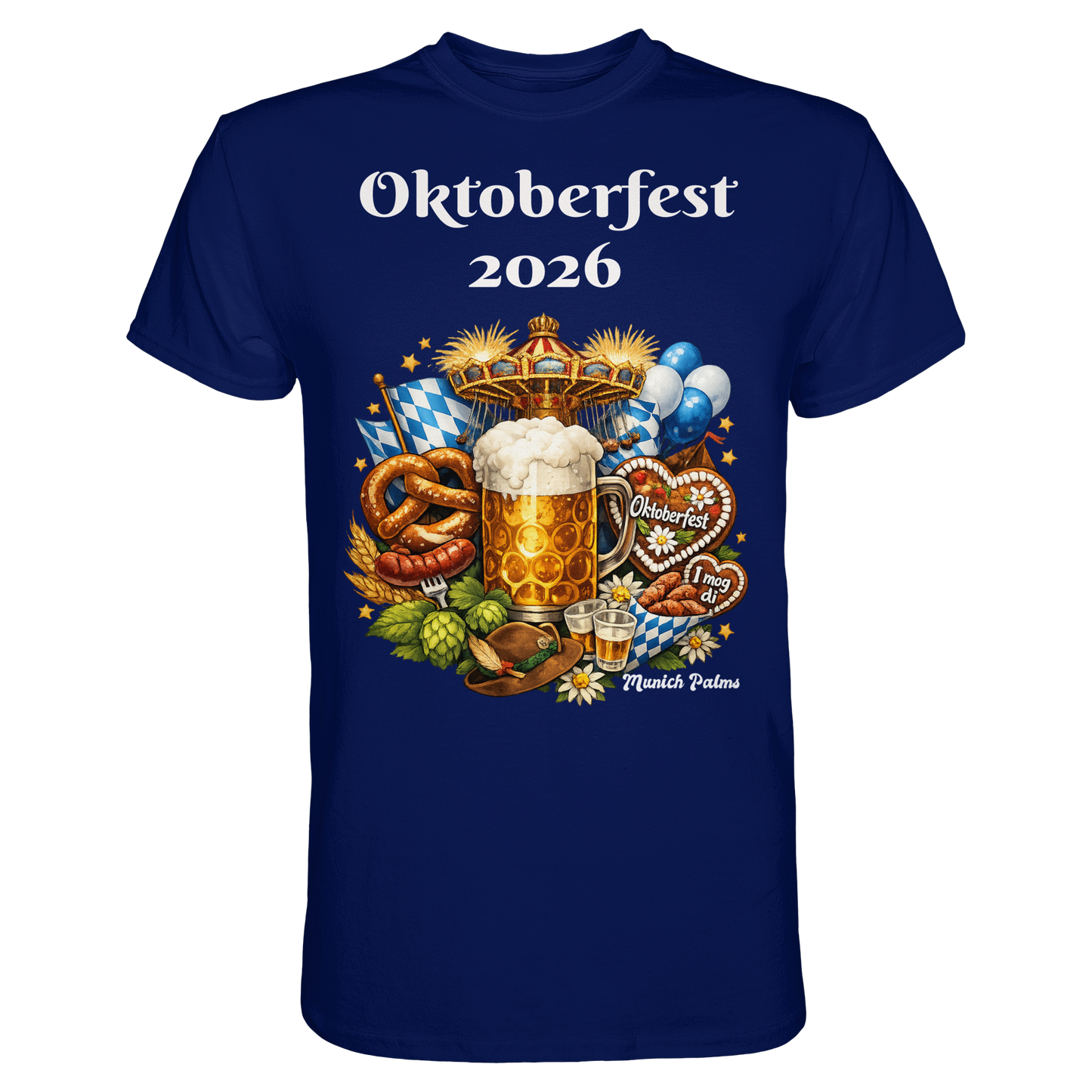 Unisex-Oktoberfest 2026 München Design Premium-Shirt in urban navy, vorne sichtbar, modernes Trachten-Shirt von Online Kaufhaus München