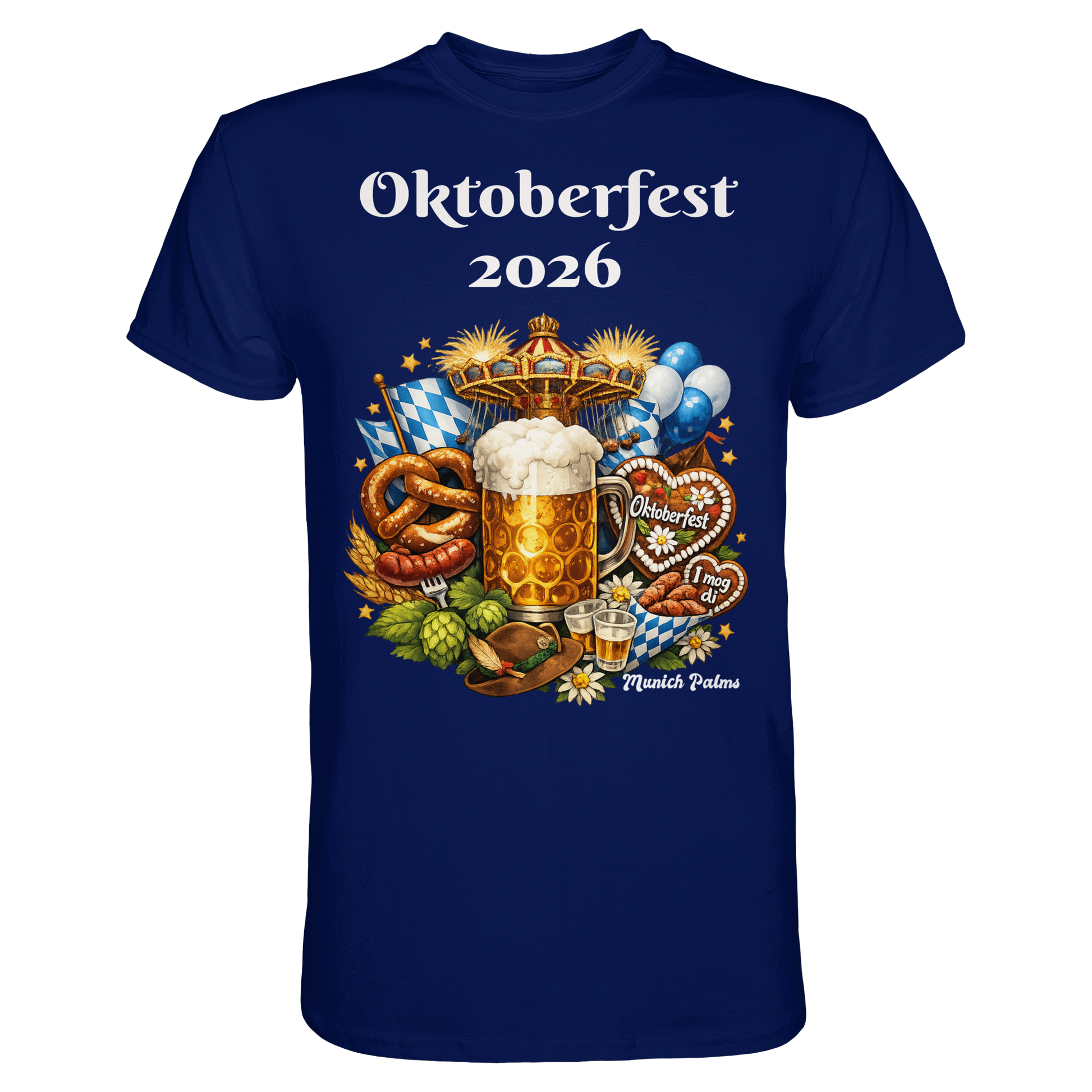 Unisex-Oktoberfest 2026 München Design Premium-Shirt in urban navy, vorne sichtbar, modernes Trachten-Shirt von Online Kaufhaus München
