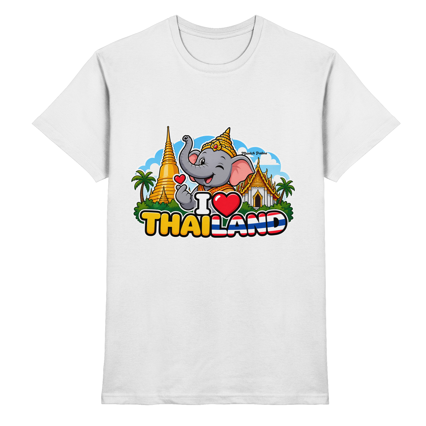 Weißes Unisex-Shirt mit lachendem Elefanten und Thailand-Design, hochwertiges Premium-Shirt von Online Kaufhaus München
