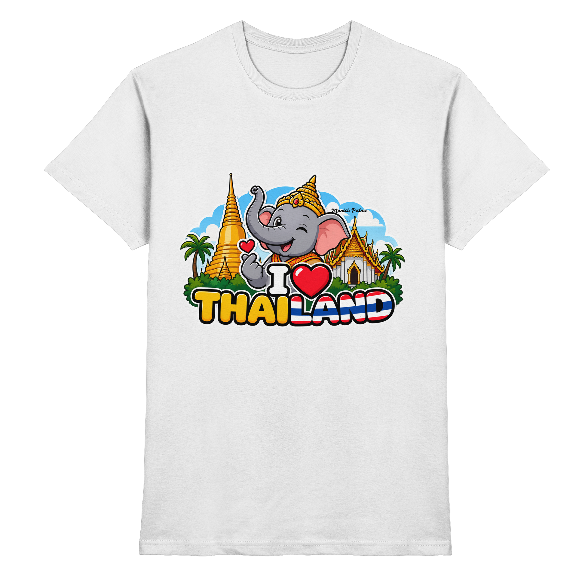 Weißes Unisex-Shirt mit lachendem Elefanten und Thailand-Design, hochwertiges Premium-Shirt von Online Kaufhaus München