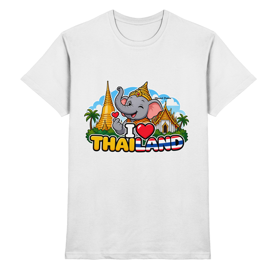 Weißes Unisex-Shirt mit lachendem Elefanten und Thailand-Design, hochwertiges Premium-Shirt von Online Kaufhaus München