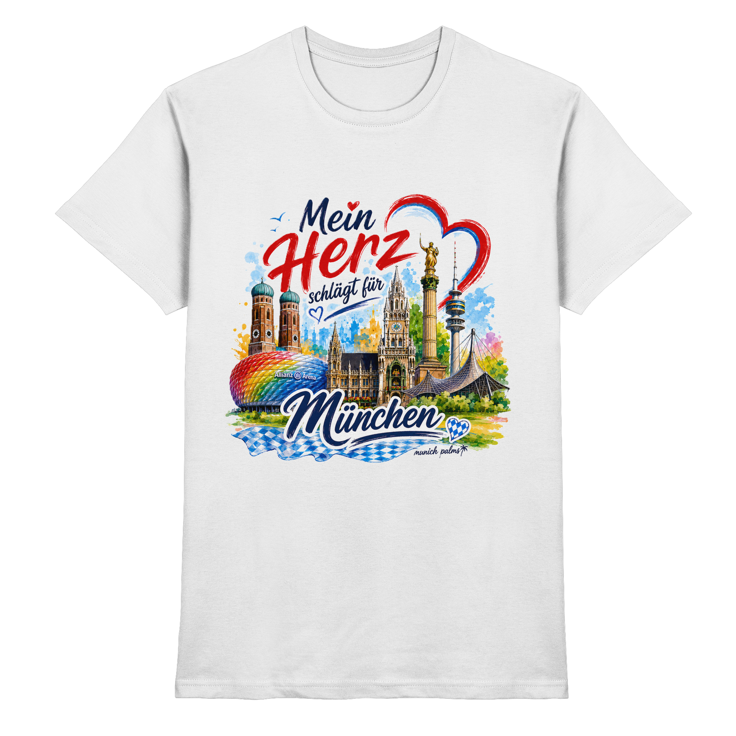 Unisex-Shirt mit buntem München-Design und Wahrzeichen, weißes Premium-Shirt von Munich Palms, seitlich sichtbar